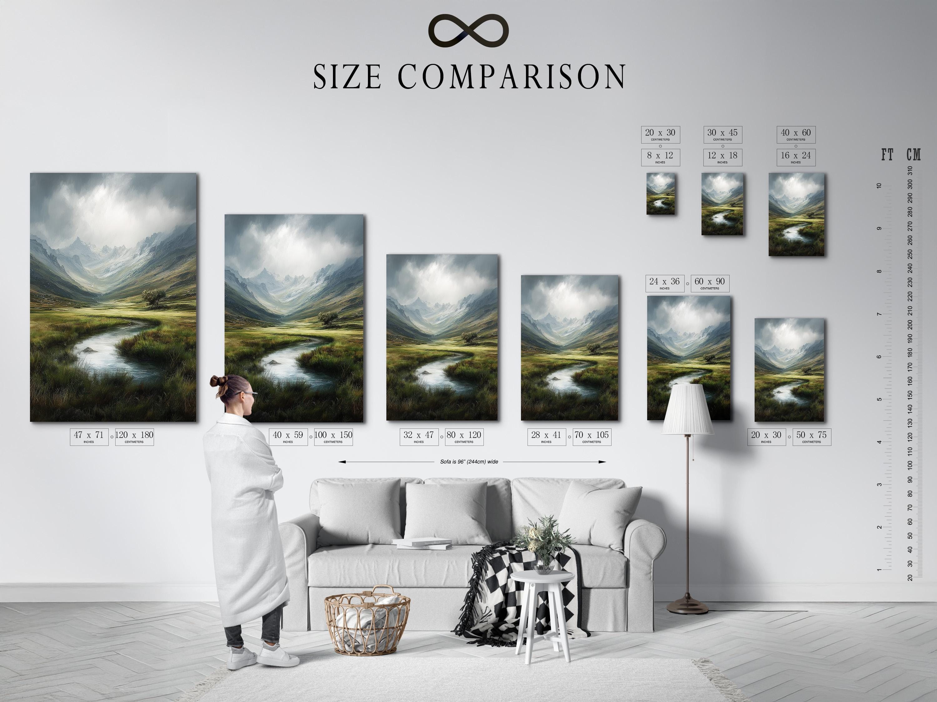 Room mockup showing framed mountain valley landscape artwork