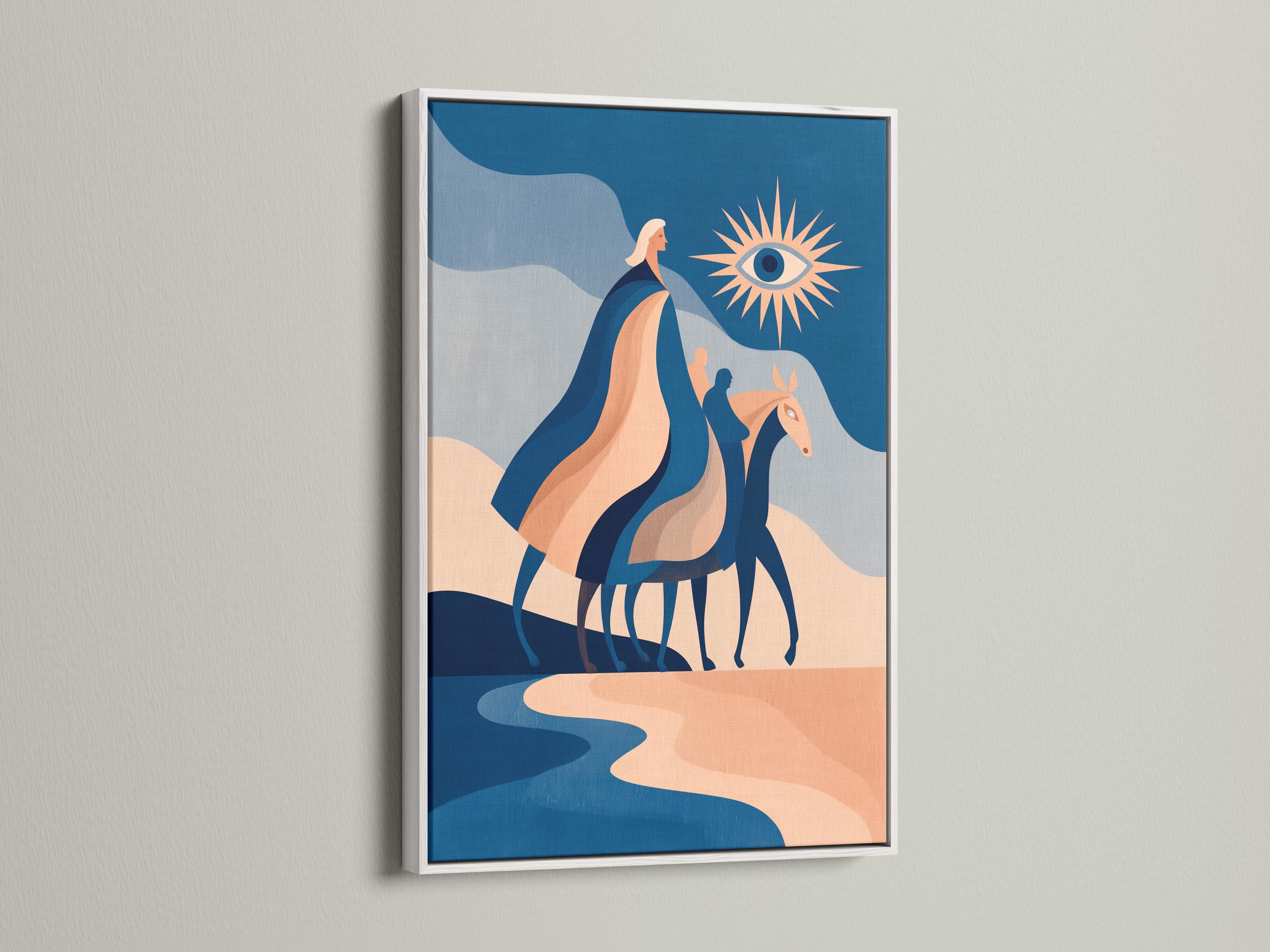Stylised horse artwork in blue and peach with a sunburst eye motif detail view