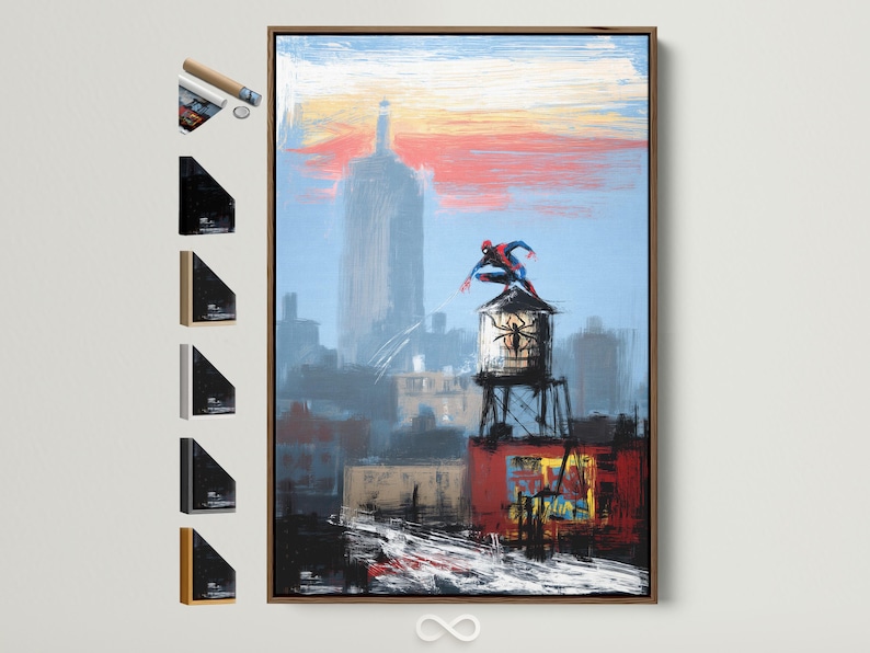 Stylised blue city skyline with a tall tower and a red-and-blue superhero figure on a rooftop