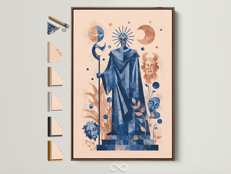 Celestial blue and sage figure with sunburst halo, crescent moons and botanical leaves