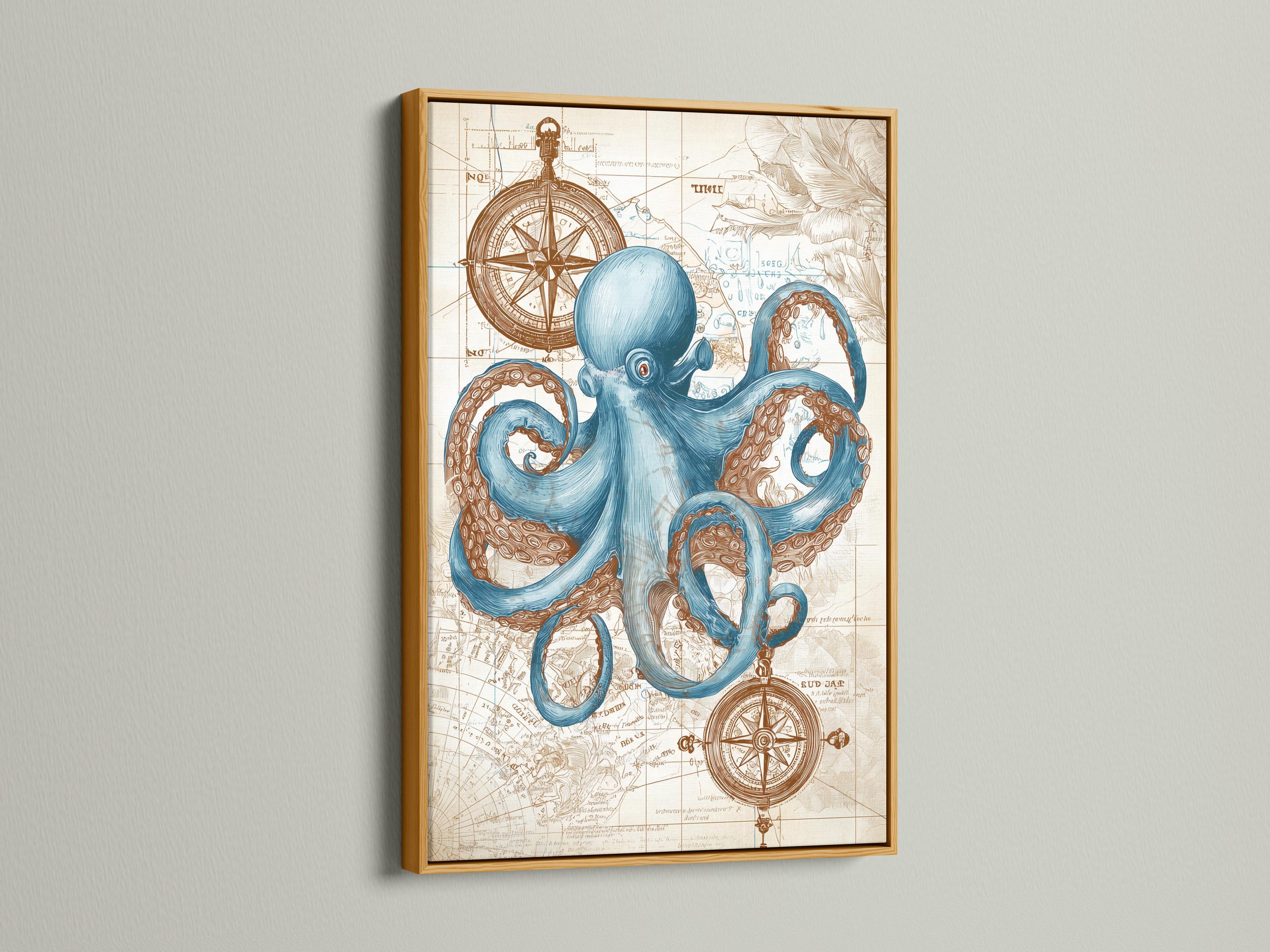 Blue octopus with curled tentacles over an antique map with compass rose motifs detail view