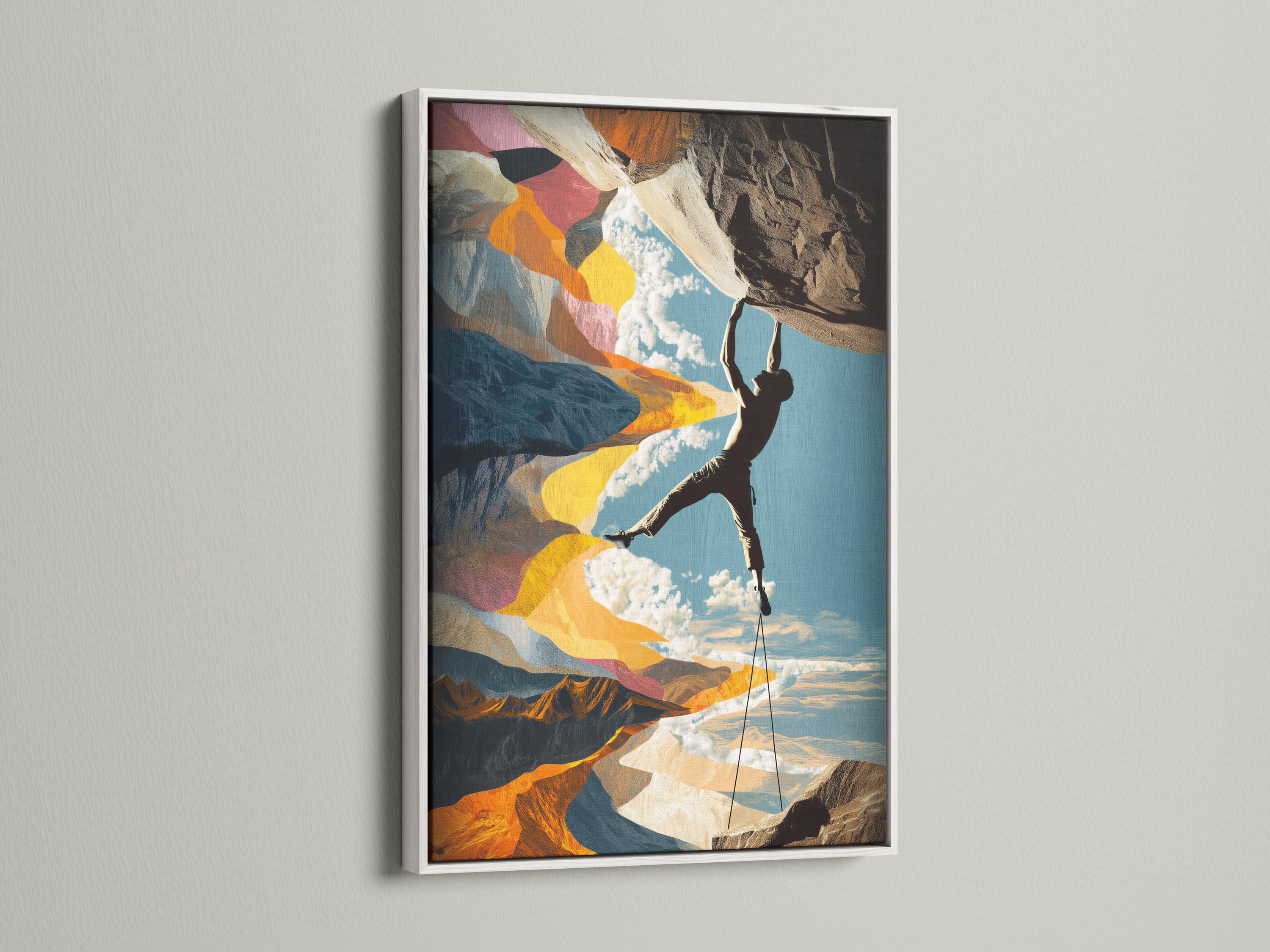 Man sitting near a bench and climbing gear beside a framed climbing artwork on a concrete wall