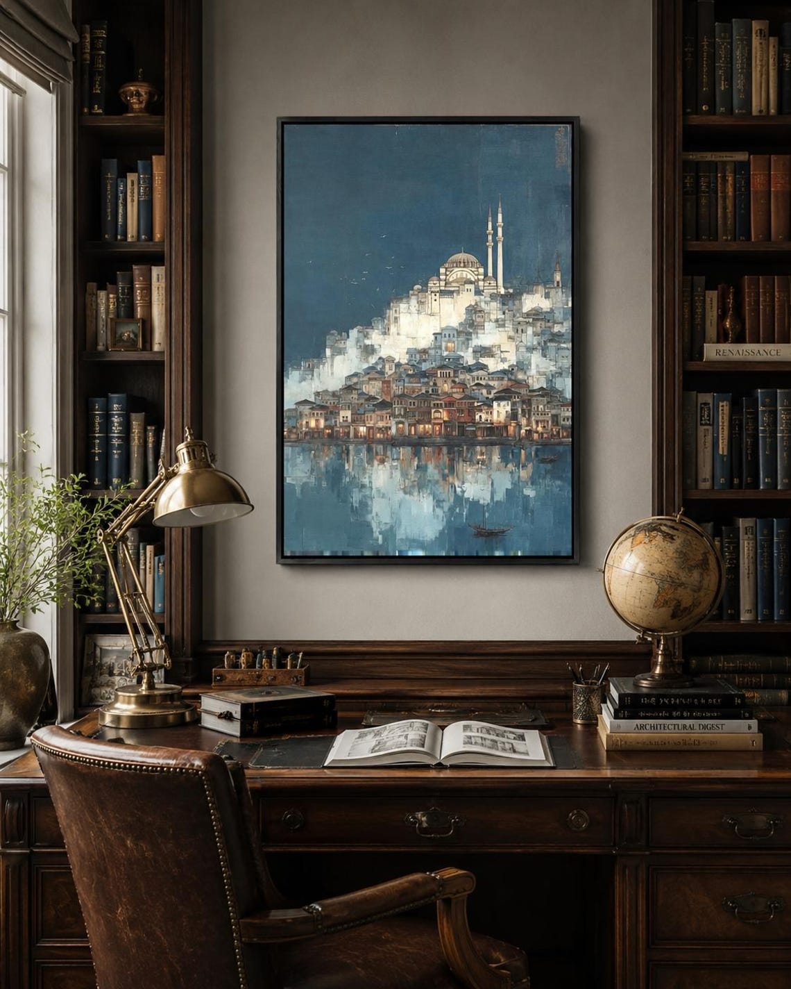Room mockup with a framed blue cityscape mosque artwork on a wall