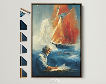 Nautical Sailing Art Print - Vintage Maritime Wall Art, Captain & Sailboat Canvas for Study Room Decor
