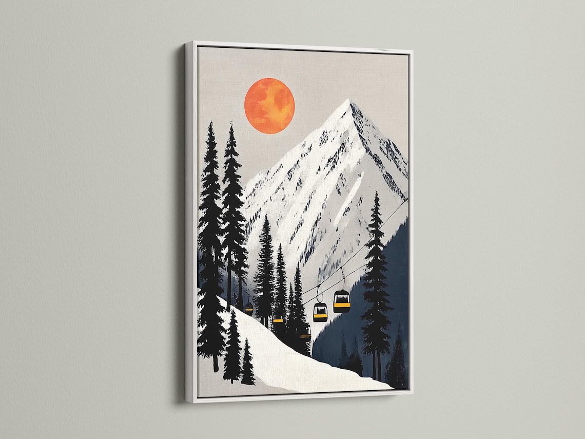 Stylised winter mountain landscape with pine trees, ski lift cables, yellow gondolas and an orange sun detail view