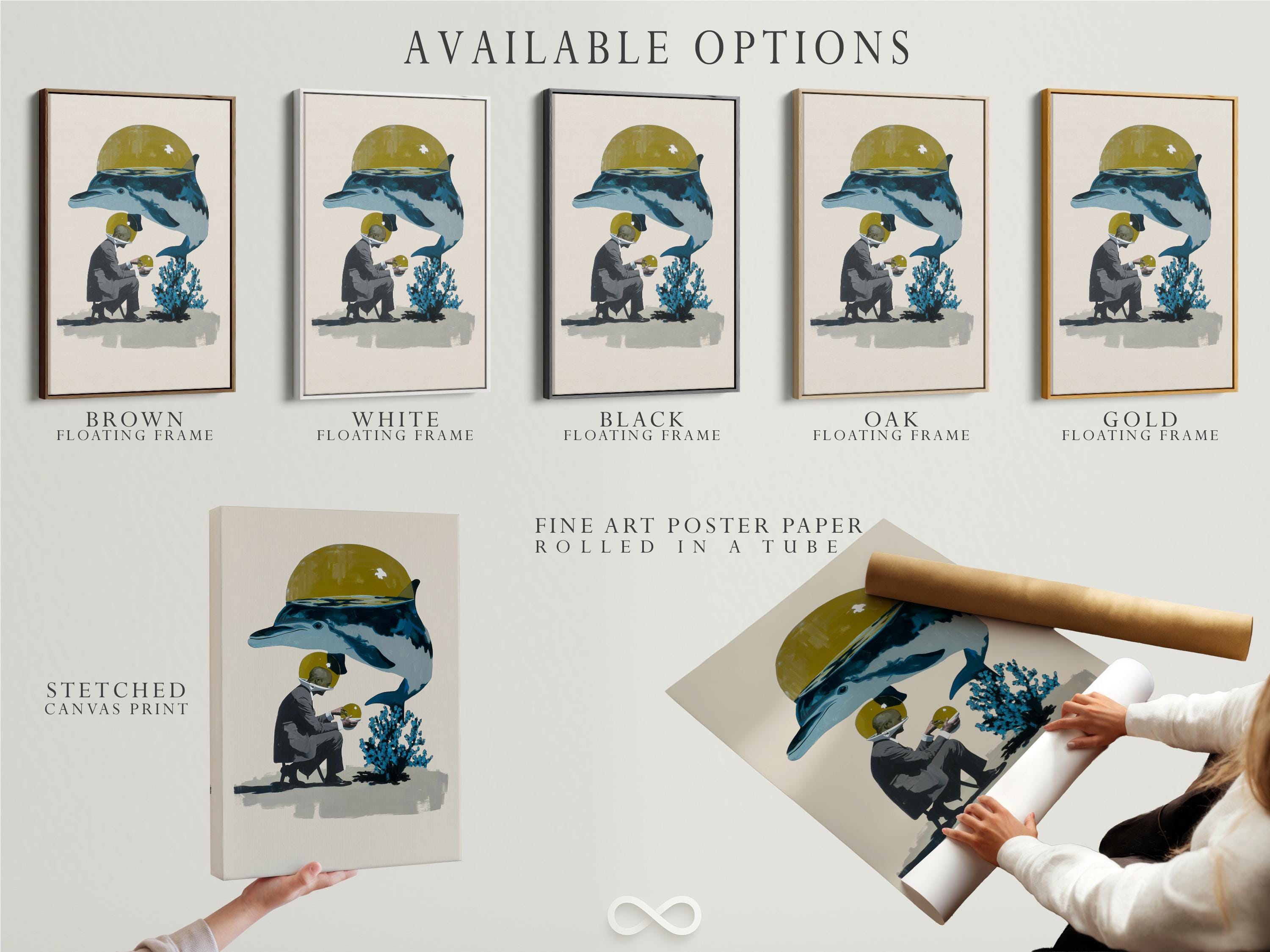 Surreal dolphin in blue with a yellow helmet-like dome and a person holding a round yellow object detail view