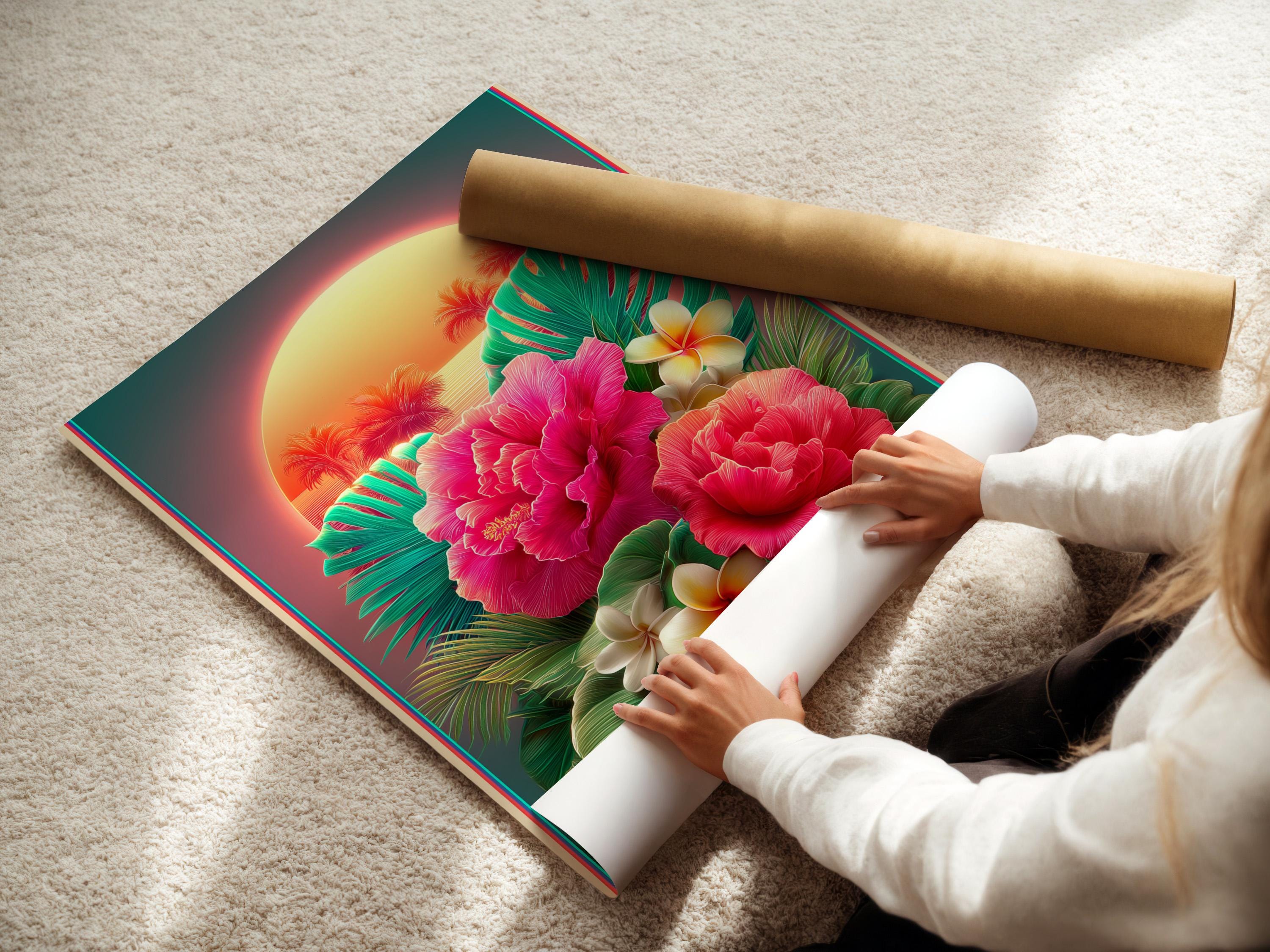 Tropical floral artwork with pink hibiscus flowers, teal palm leaves and a glowing sunset halo detail view