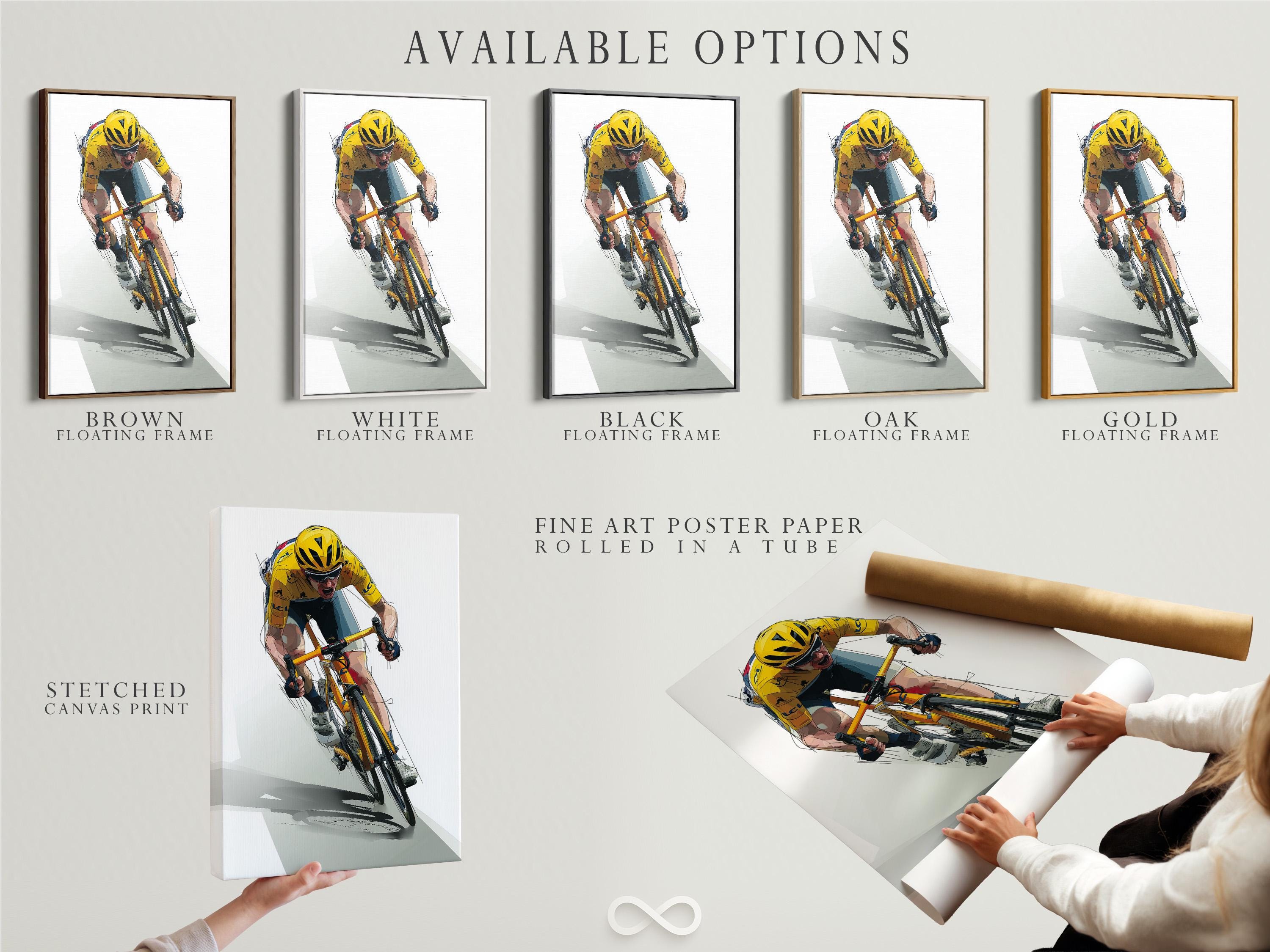 Stylised yellow cyclist riding a bicycle diagonally with motion lines detail view
