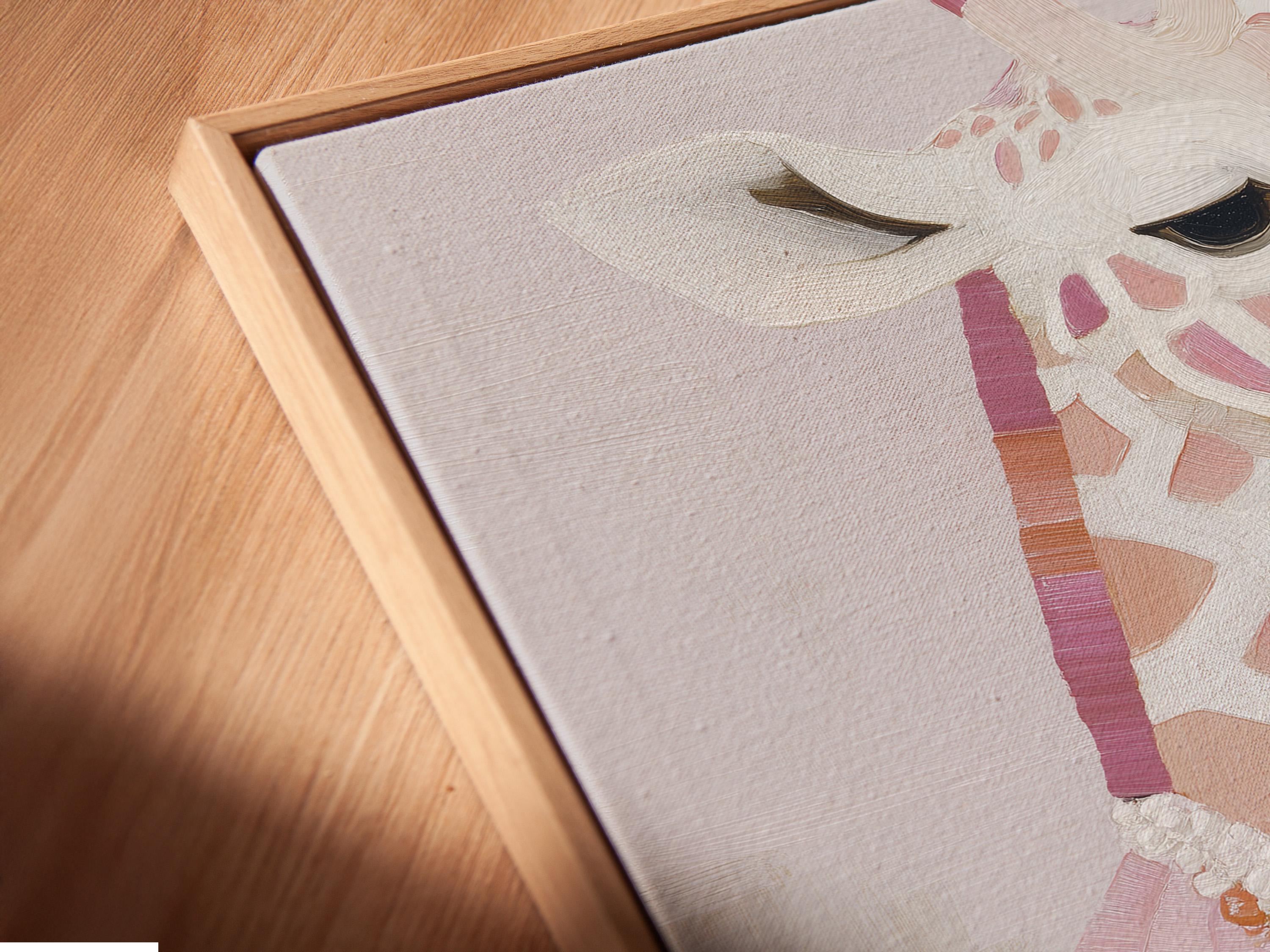 A stylised pink giraffe portrait is shown in a painterly, patchwork-like design with a pearl-like necklace, set against a pale background detail view