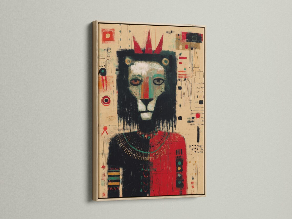 Stylised lion face artwork with a red crown shape on a beige abstract background detail view