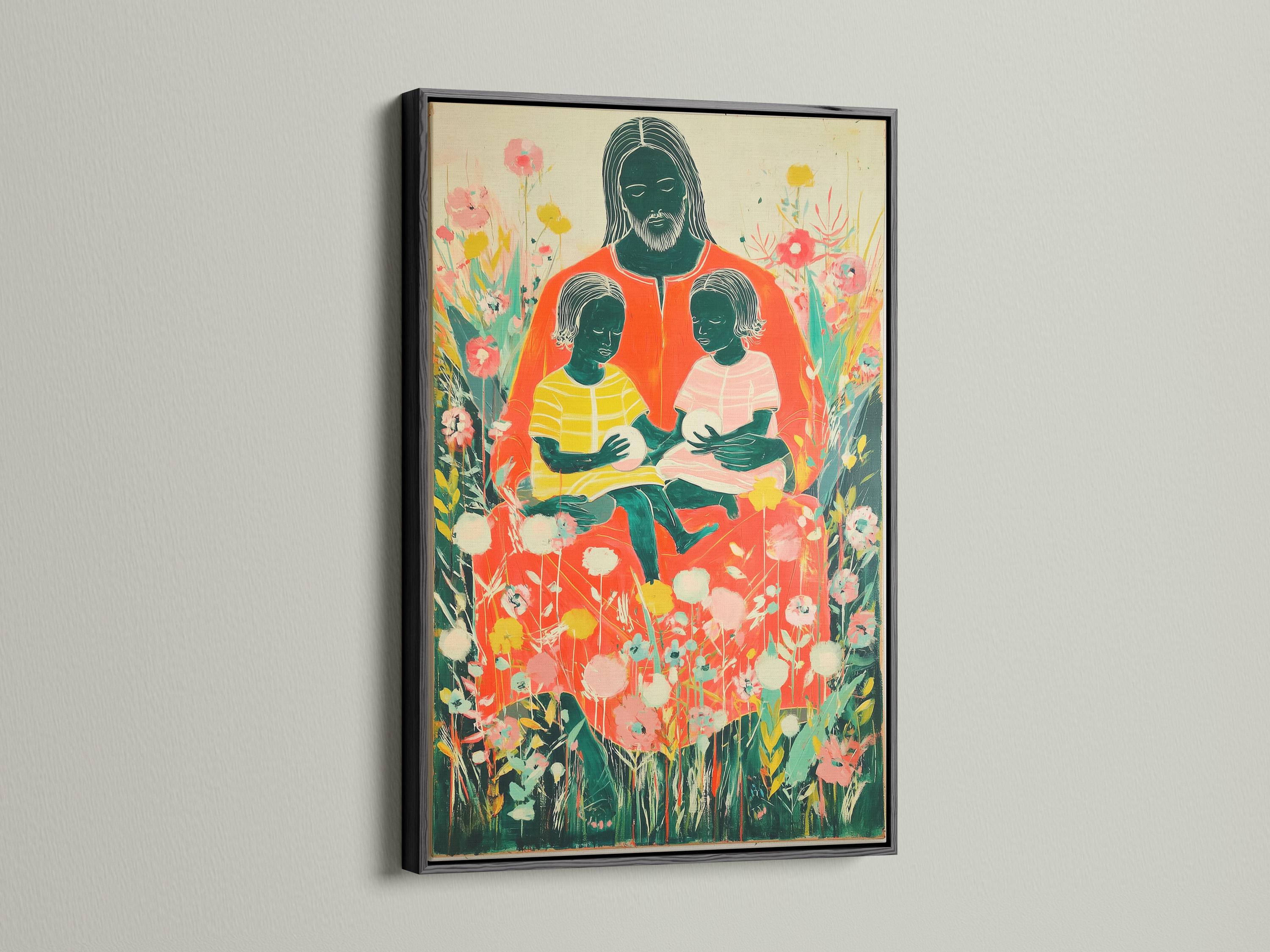 Stylised adult figure holding two children amid dense green foliage and pink, peach and white blossoms detail view