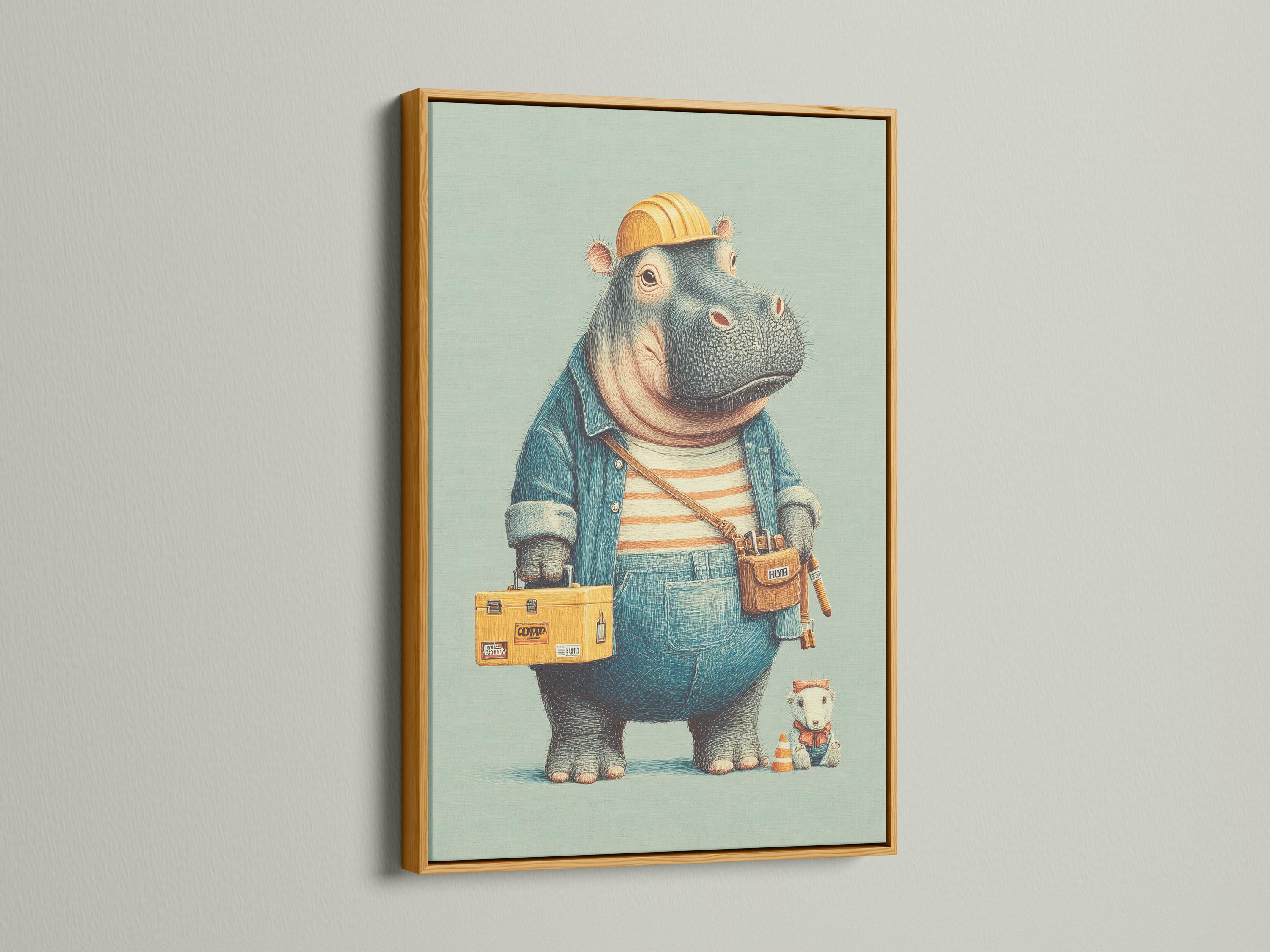 A family sitting on a bed looking at a framed hippo builder artwork above a shelf