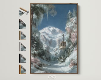 May include: A framed canvas print of a snowy mountain landscape with a cable car. The artwork features a detailed depiction of a snow-covered mountain range, with a cable car suspended in the air. The frame is a dark brown colour.