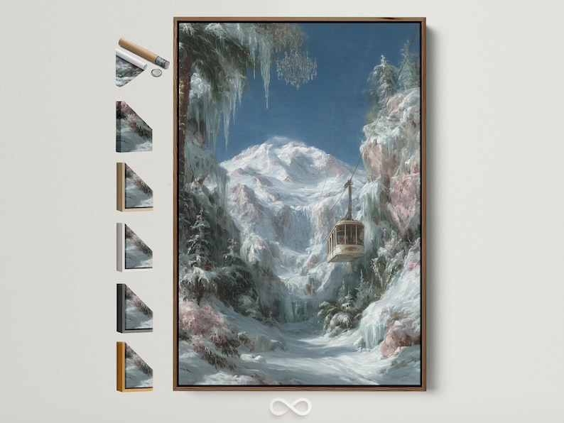 A snowy mountain landscape with a cable car cabin and misty blue peaks