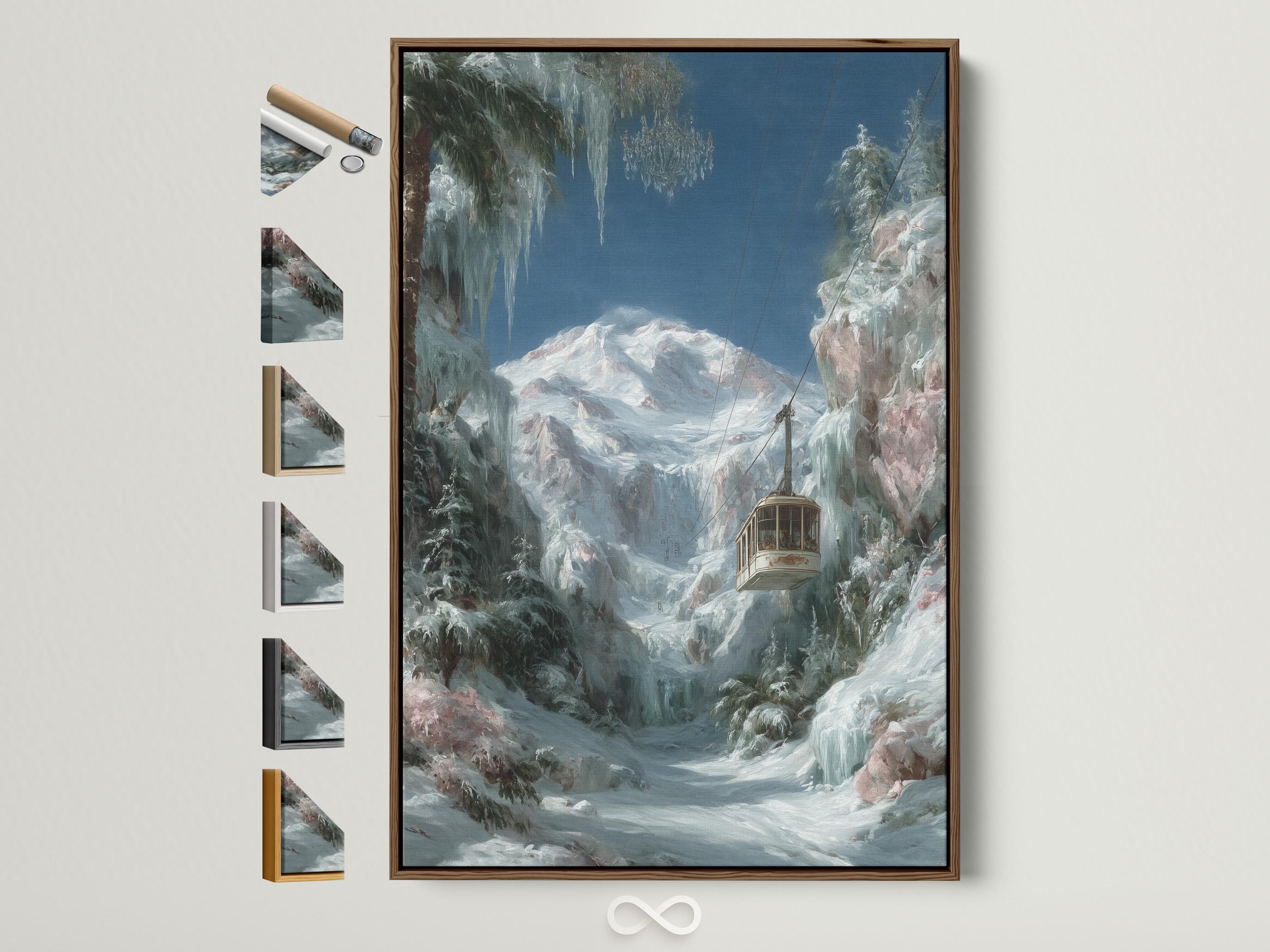 A snowy mountain landscape with a cable car cabin and misty blue peaks