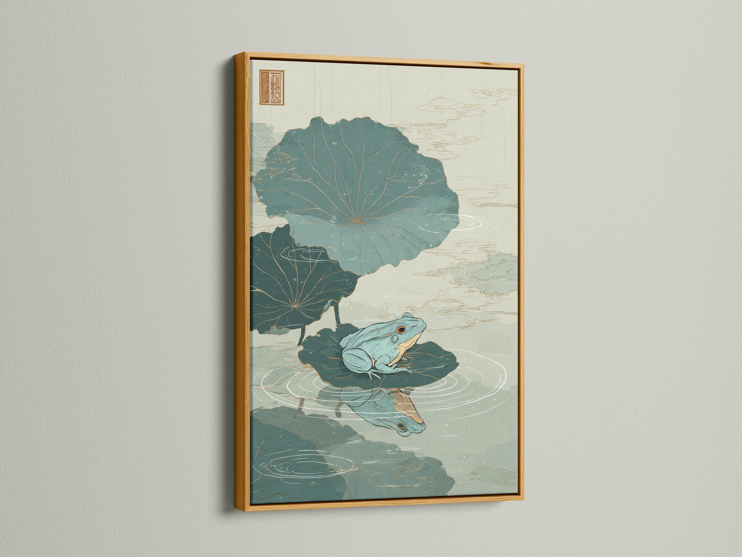 Framed pond illustration with lily pads and two frogs on a wall mockup