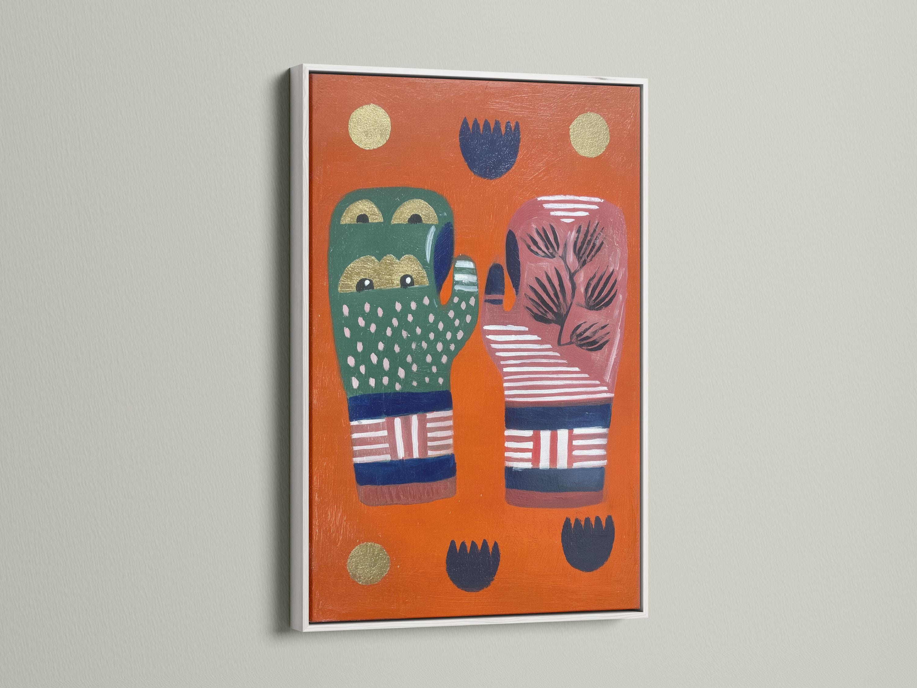 Room mockup showing orange folk art hands artwork with tree motif