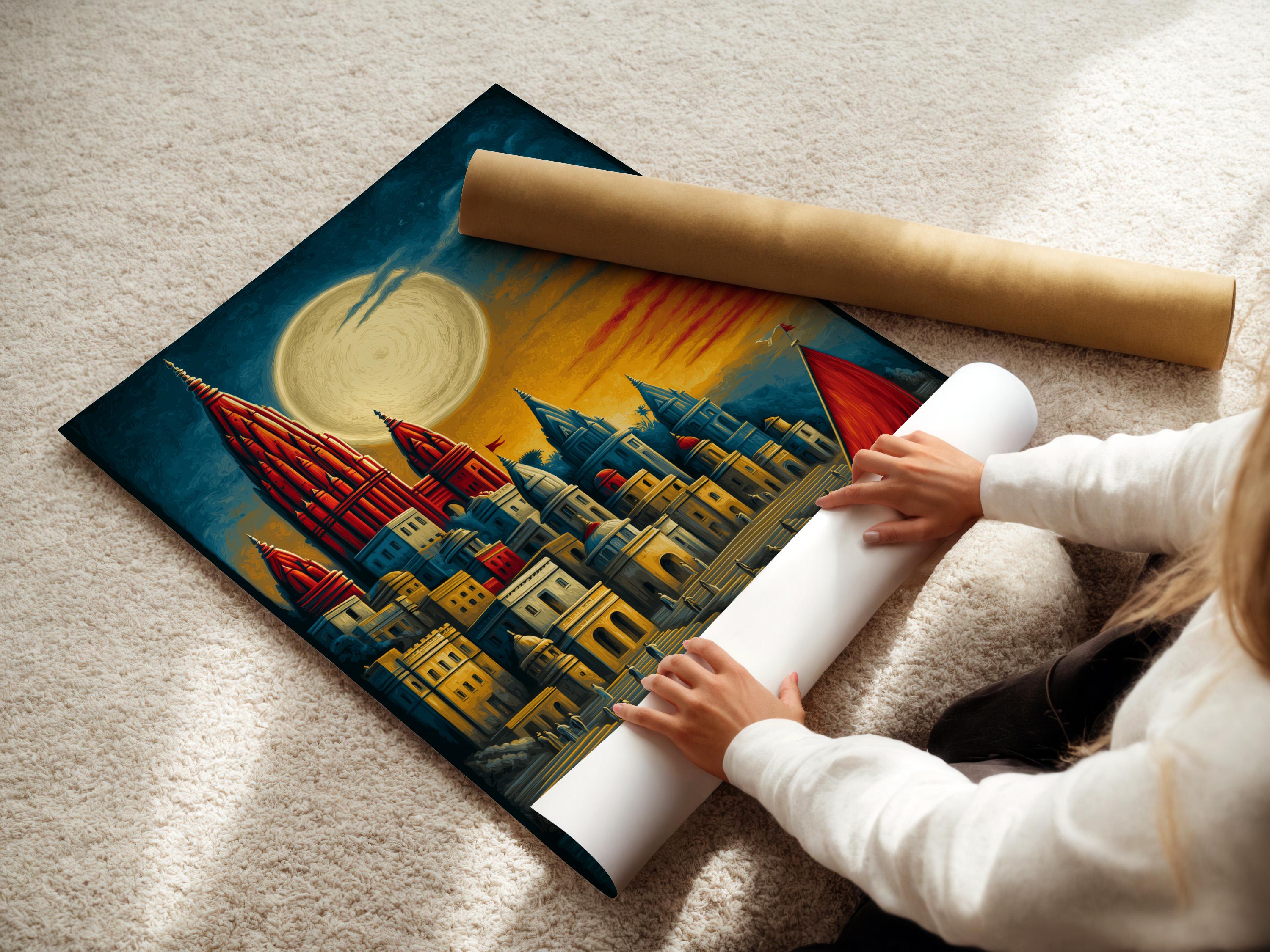 Moonlit harbour cityscape with red spires, boats, and a large pale moon over reflective water detail view
