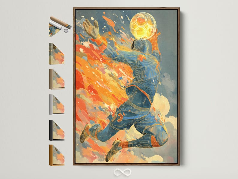 Stylised soccer goalie diving with a glowing football in orange and blue splashes