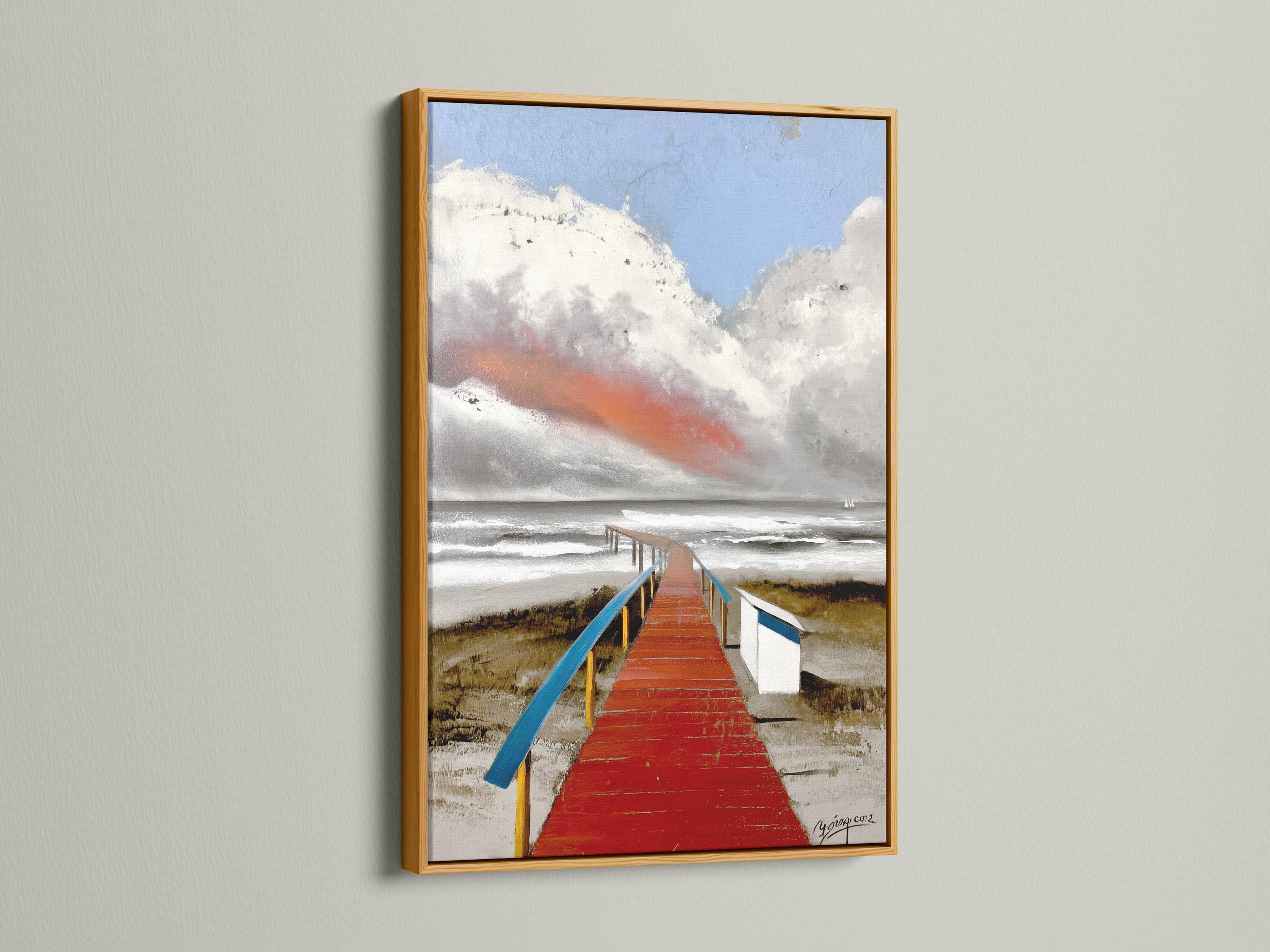 Red boardwalk leading to the sea with blue rails, waves and a cloudy sky detail view
