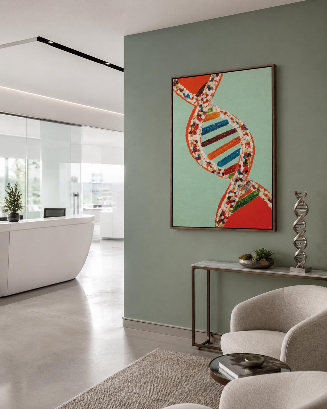 A researcher in a white lab coat stands next to a framed DNA double helix artwork