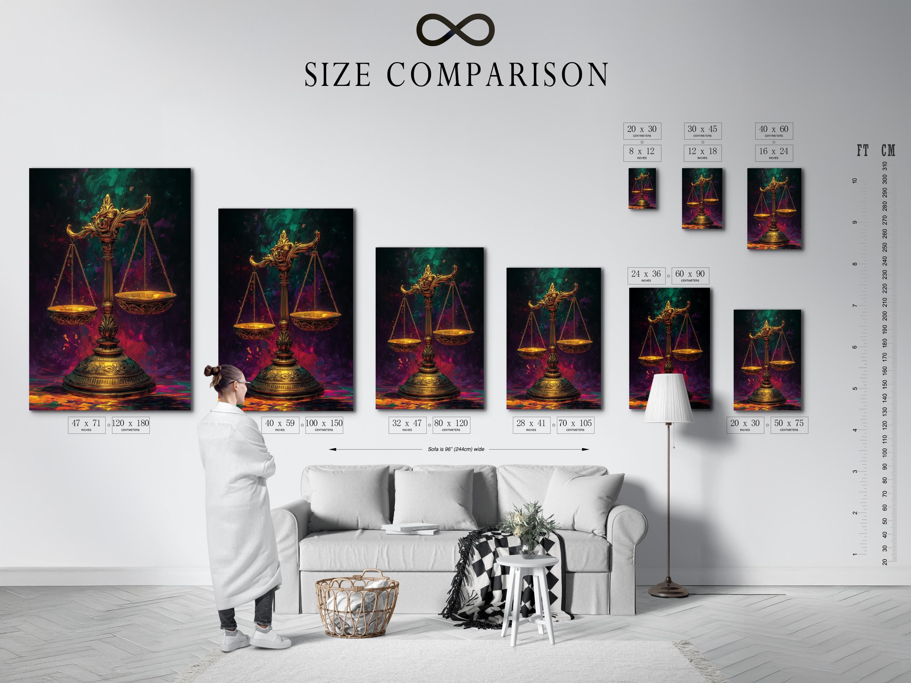 Framed artwork mockup showing ornate gold scales of justice against a smoky purple and green background
