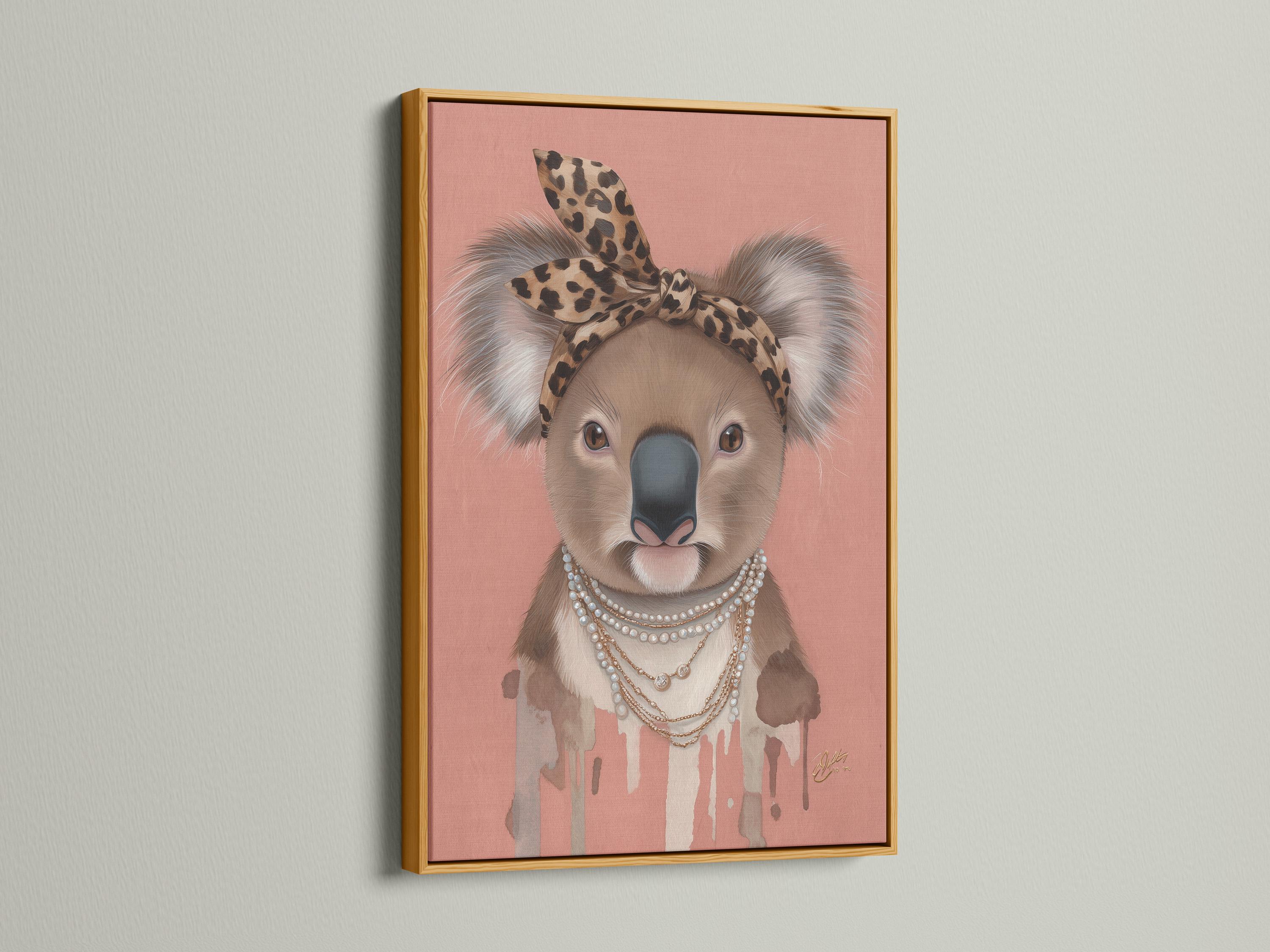 Koala portrait with leopard headband and pearl necklace on a dusty pink background detail view