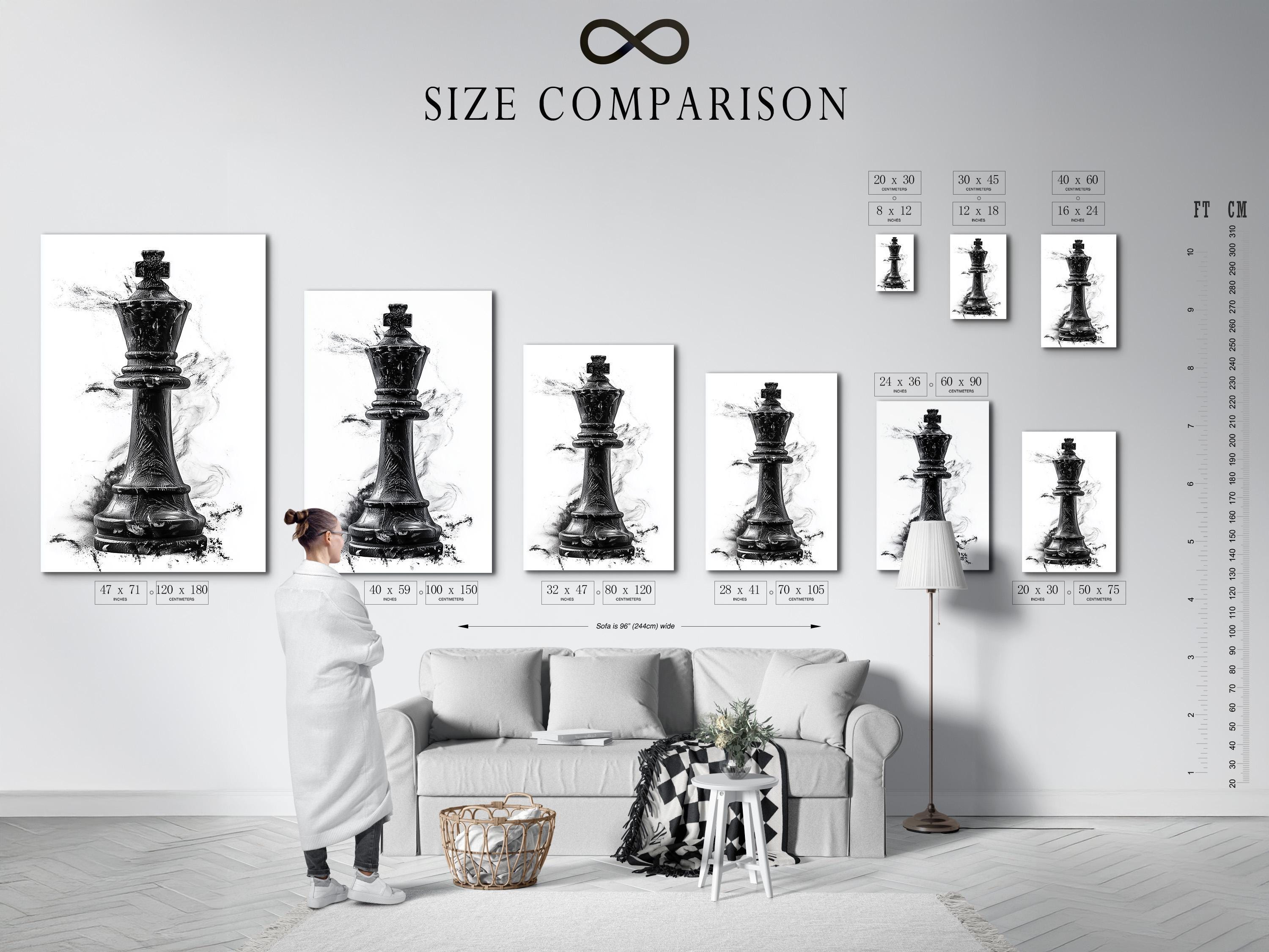 Black and white illustration of an upright chess piece with grey ink splatter marks detail view