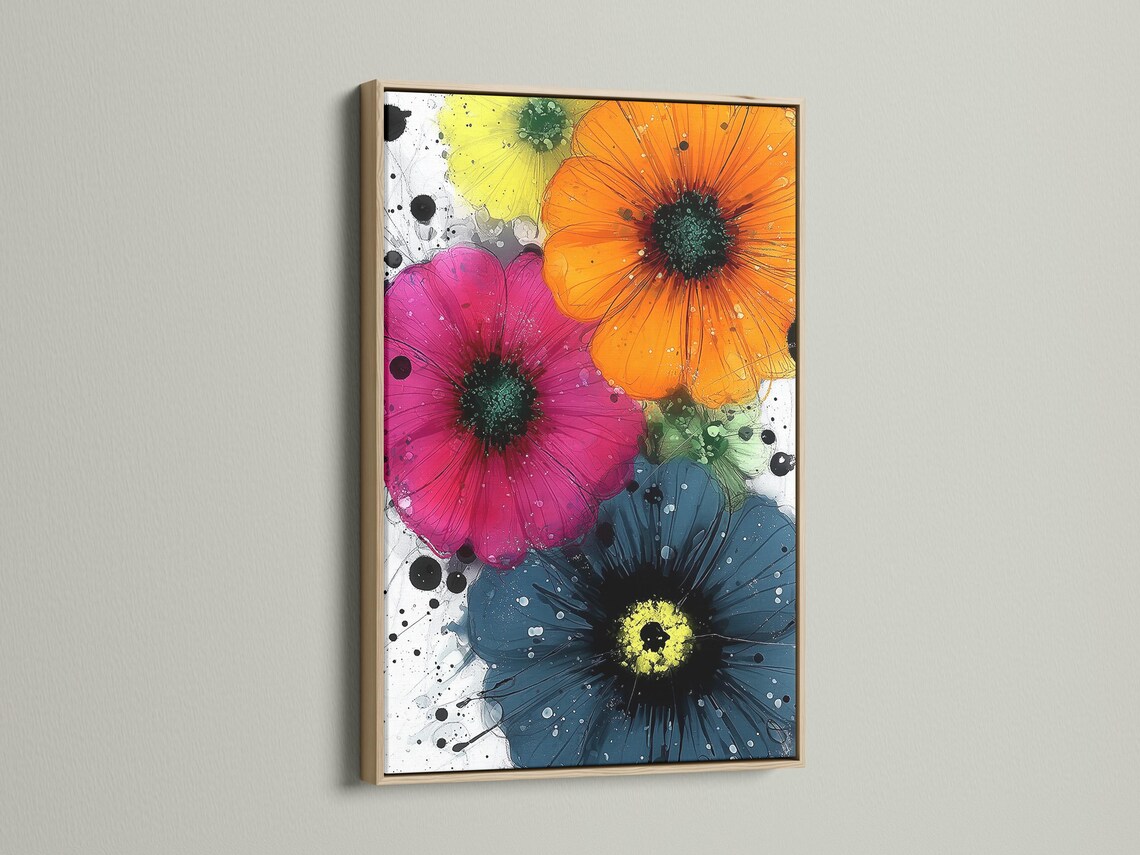 A vibrant, painterly floral composition shows three large stylised flowers with dark centres over white splatter-like backgrounds in pink, orange