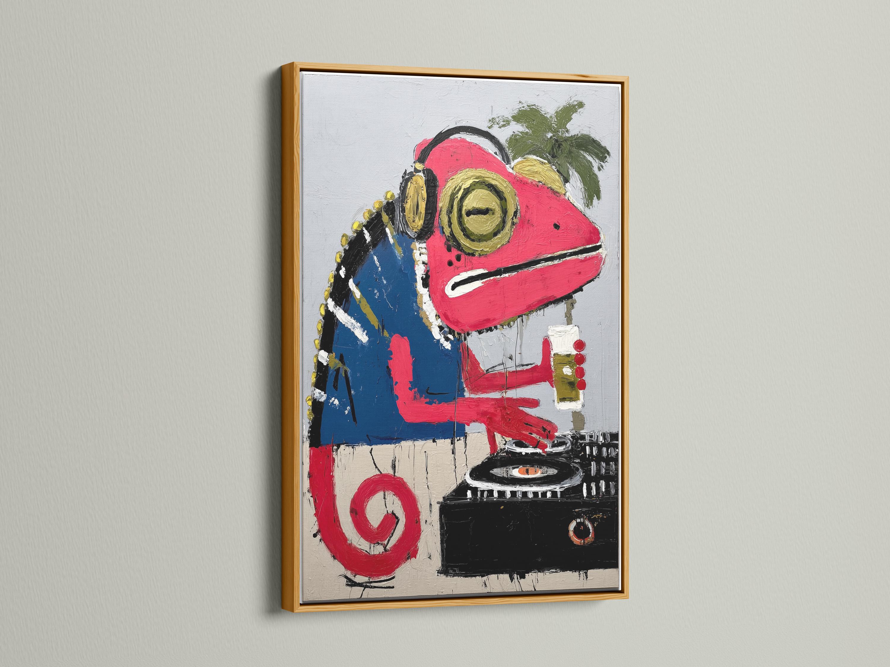 Stylised red iguana DJ illustration with oversized headphones, tropical leaves and a console detail view