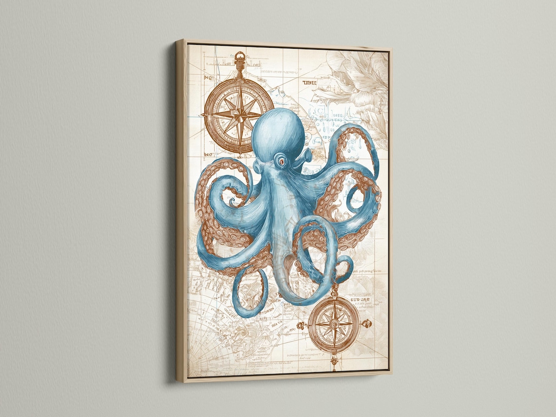 Blue octopus with curled tentacles over an antique map with compass rose motifs detail view