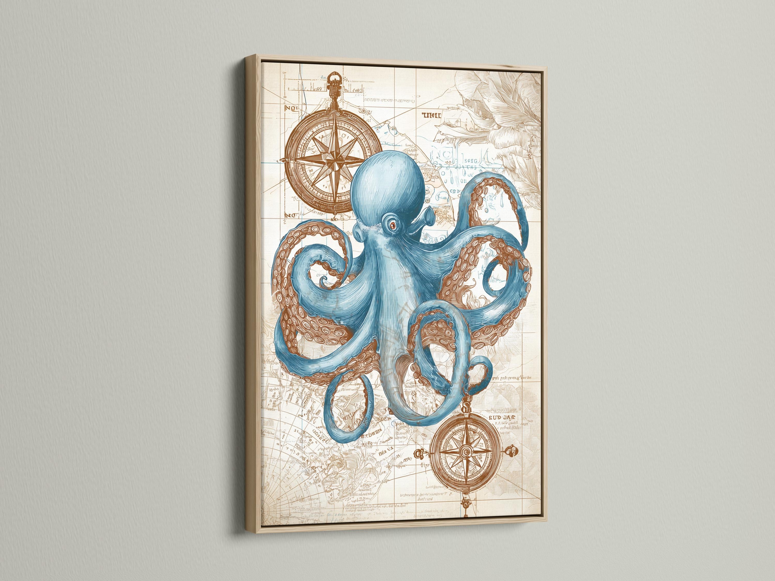 Blue octopus with curled tentacles over an antique map with compass rose motifs detail view