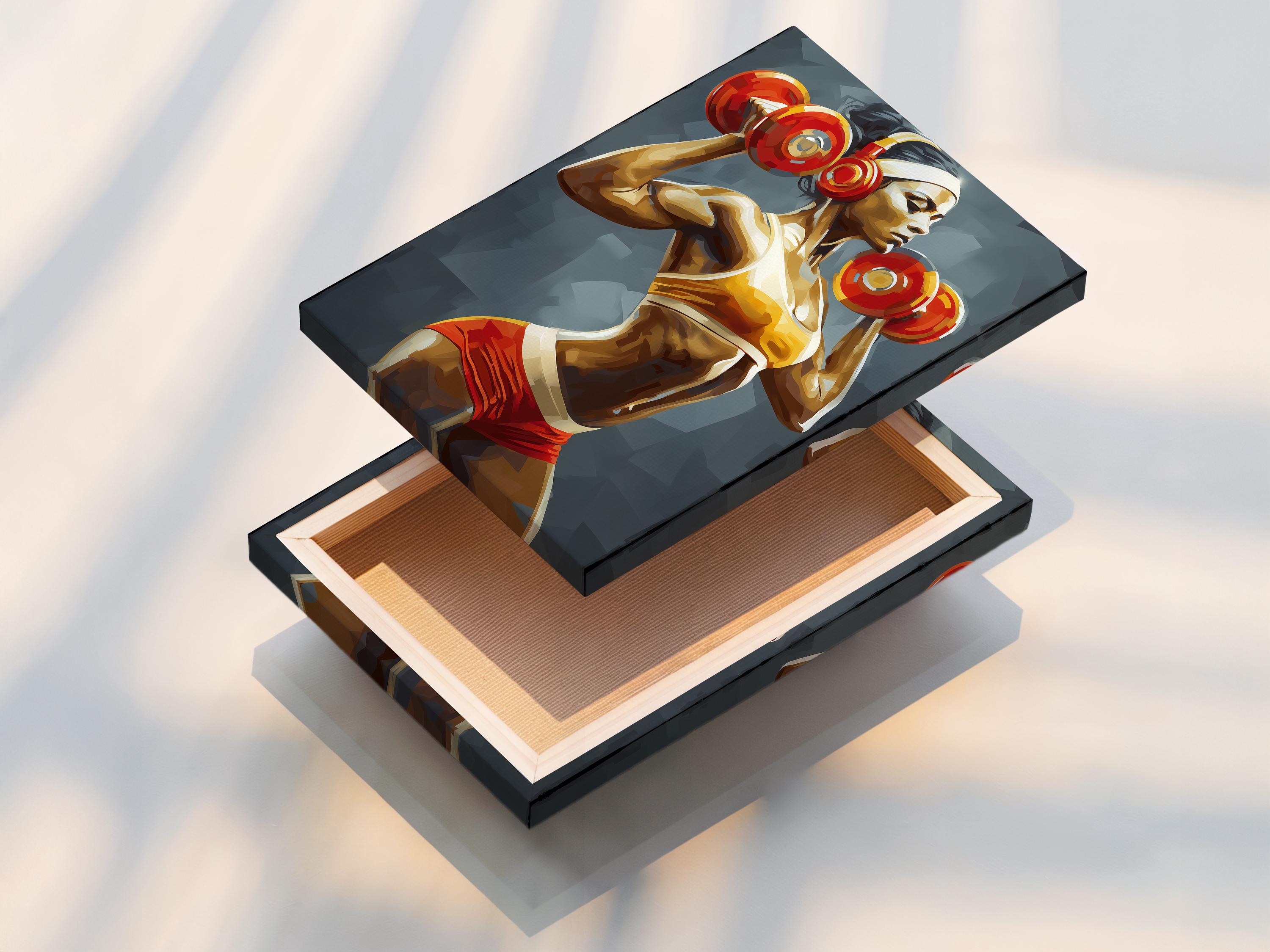 Stylised strong woman weightlifting artwork holding two red dumbbells against a blue background detail view