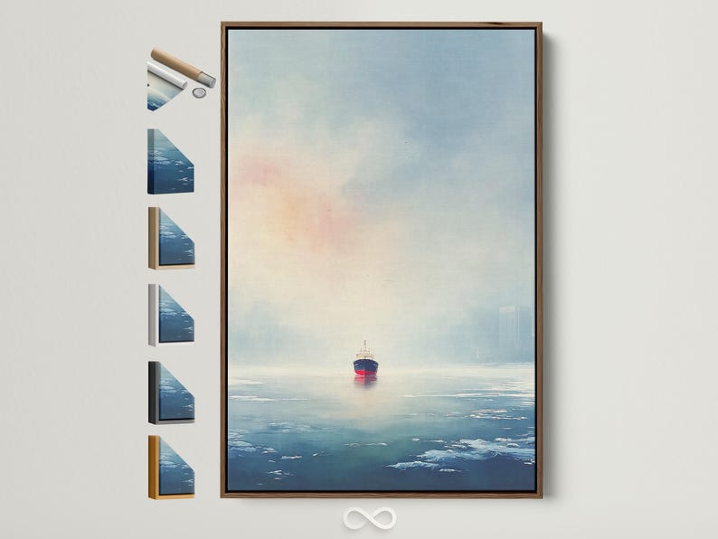 Misty seascape painting showing a small ship on a blue ocean horizon