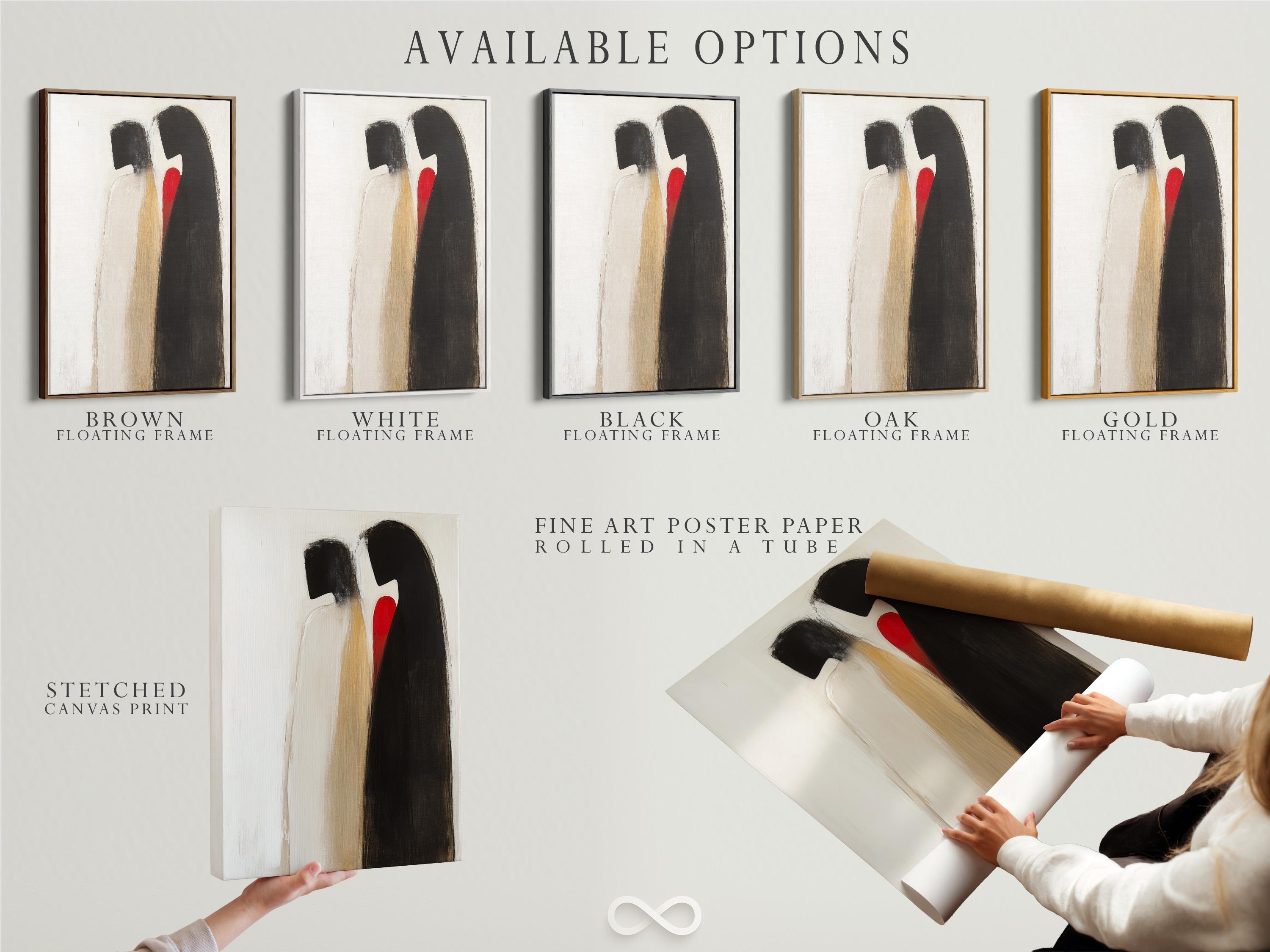 Abstract couple figures in charcoal black and beige embracing on a cream background with a small red accent detail view