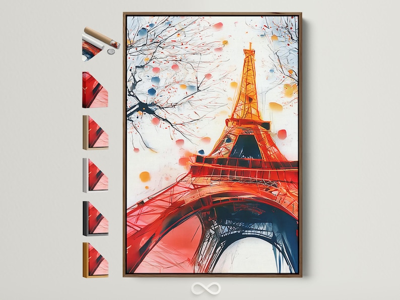 Eiffel Tower cityscape in red and gold with branches and blossom-like dots