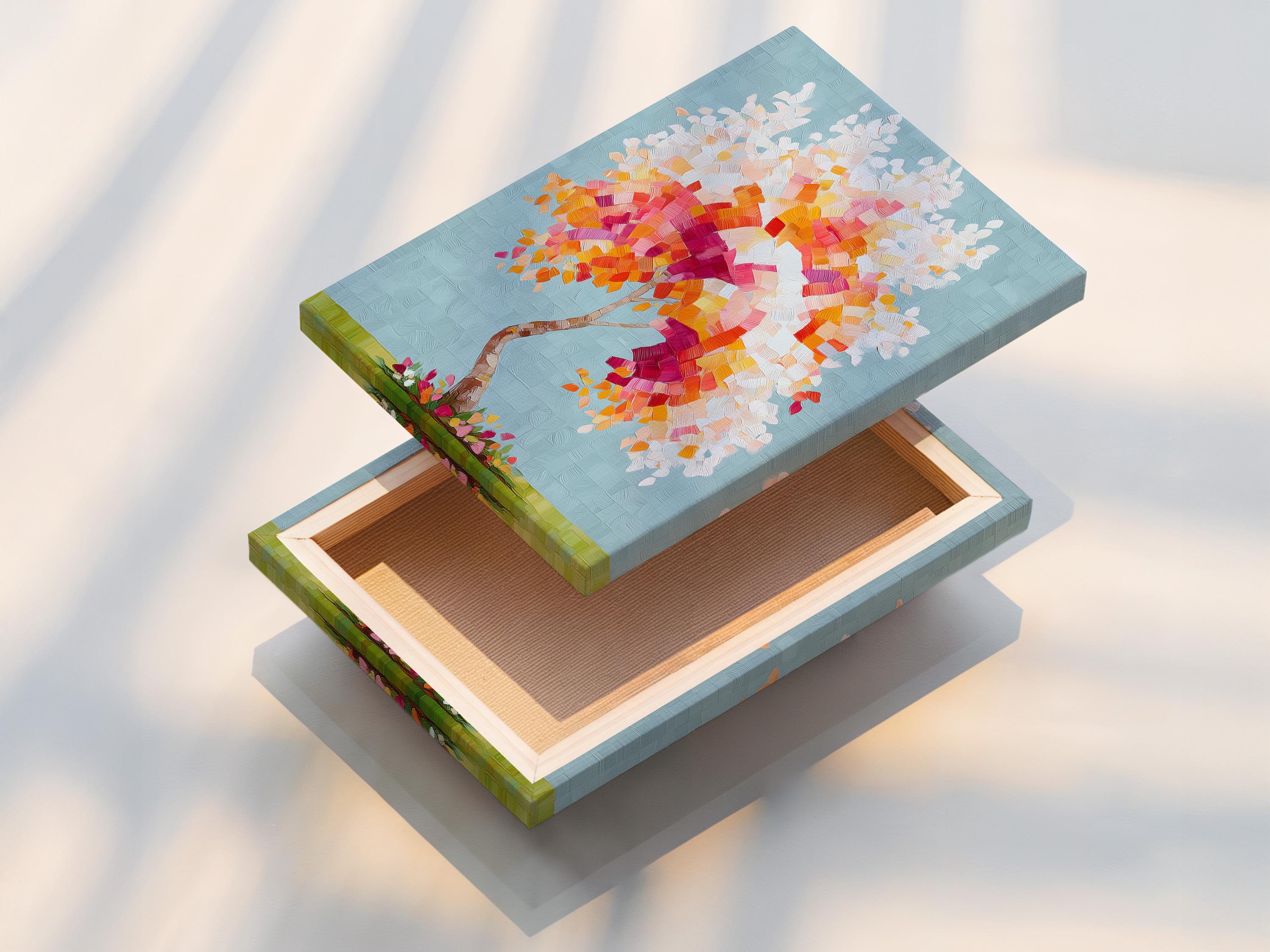 Colourful abstract tree with a mosaic canopy in pink, orange and yellow on a blue textured background detail view