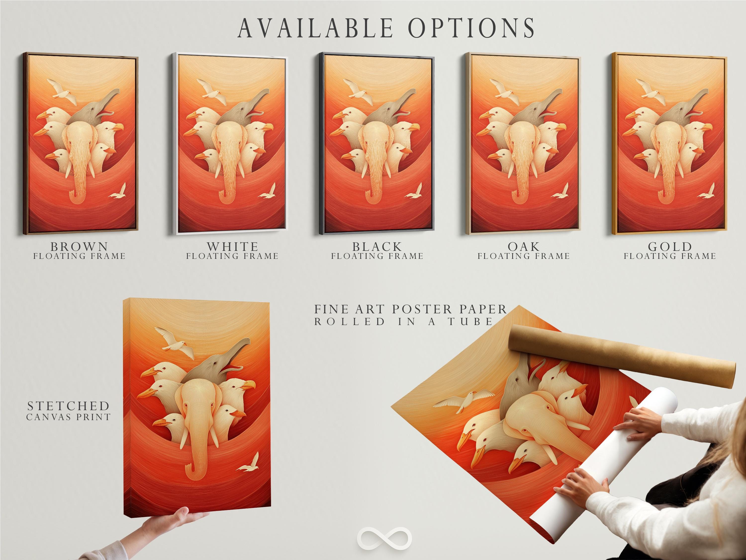Elephant and bird wall art in a framed artwork mockup on a light background