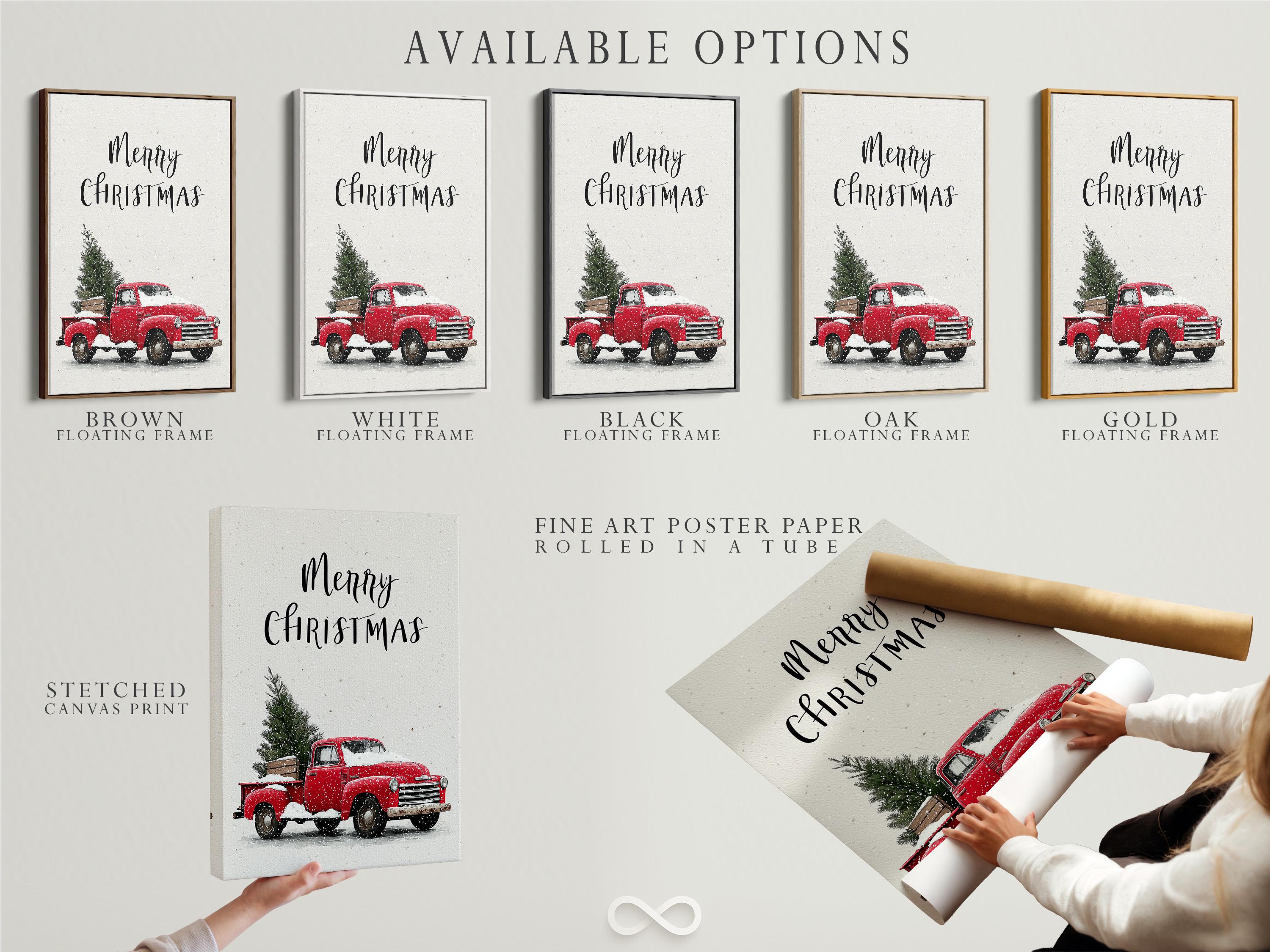 A white, snow-speckled scene shows a red vintage truck holding a Christmas tree, with handwritten-style text above it reading “Merry Christmas.”
