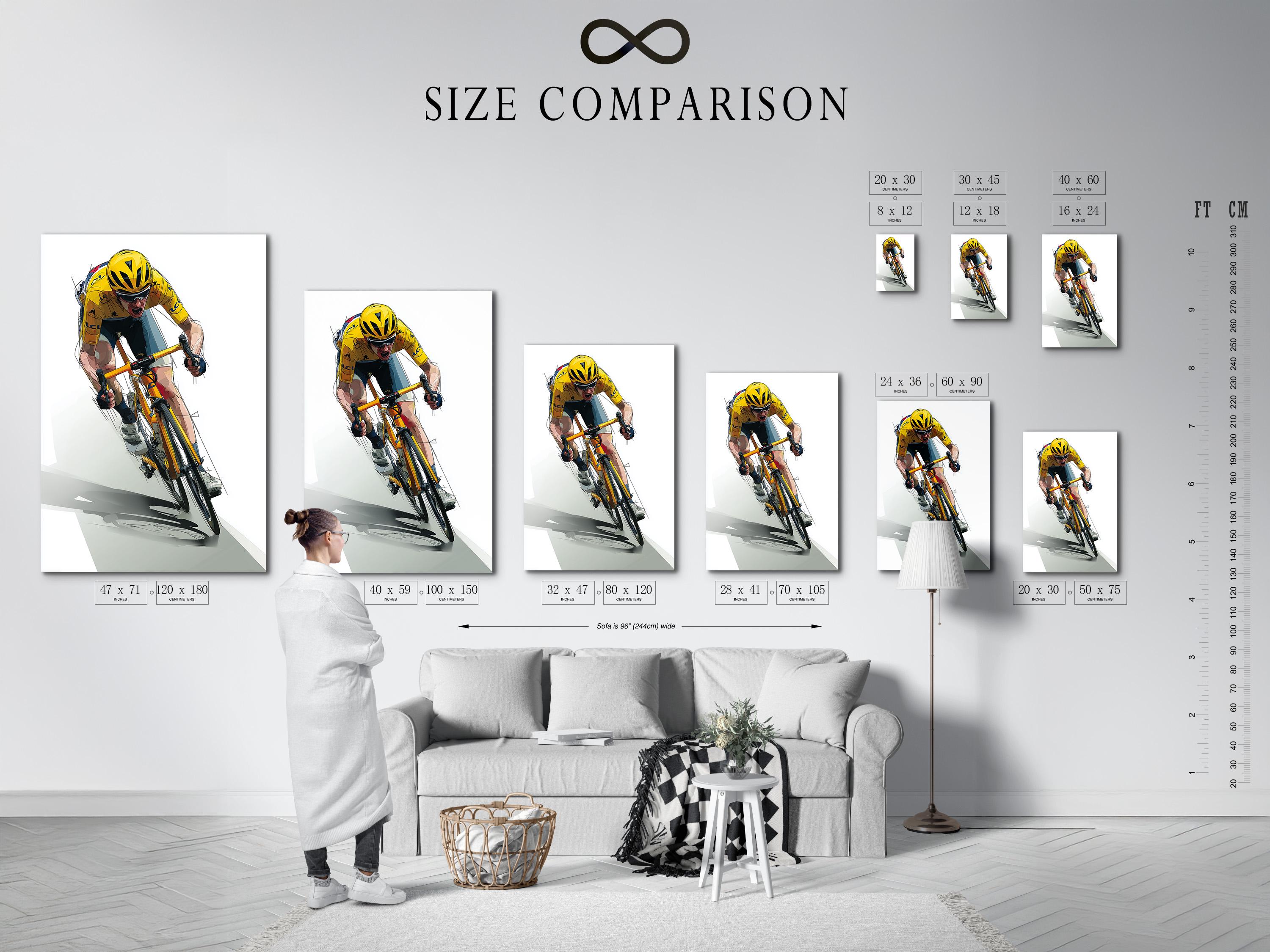 Stylised yellow cyclist riding a bicycle diagonally with motion lines detail view