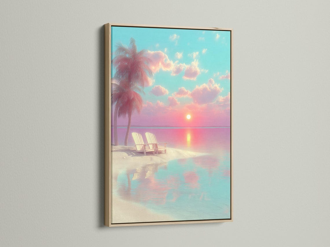 Room mockup showing beach sunset artwork in a framed seascape design