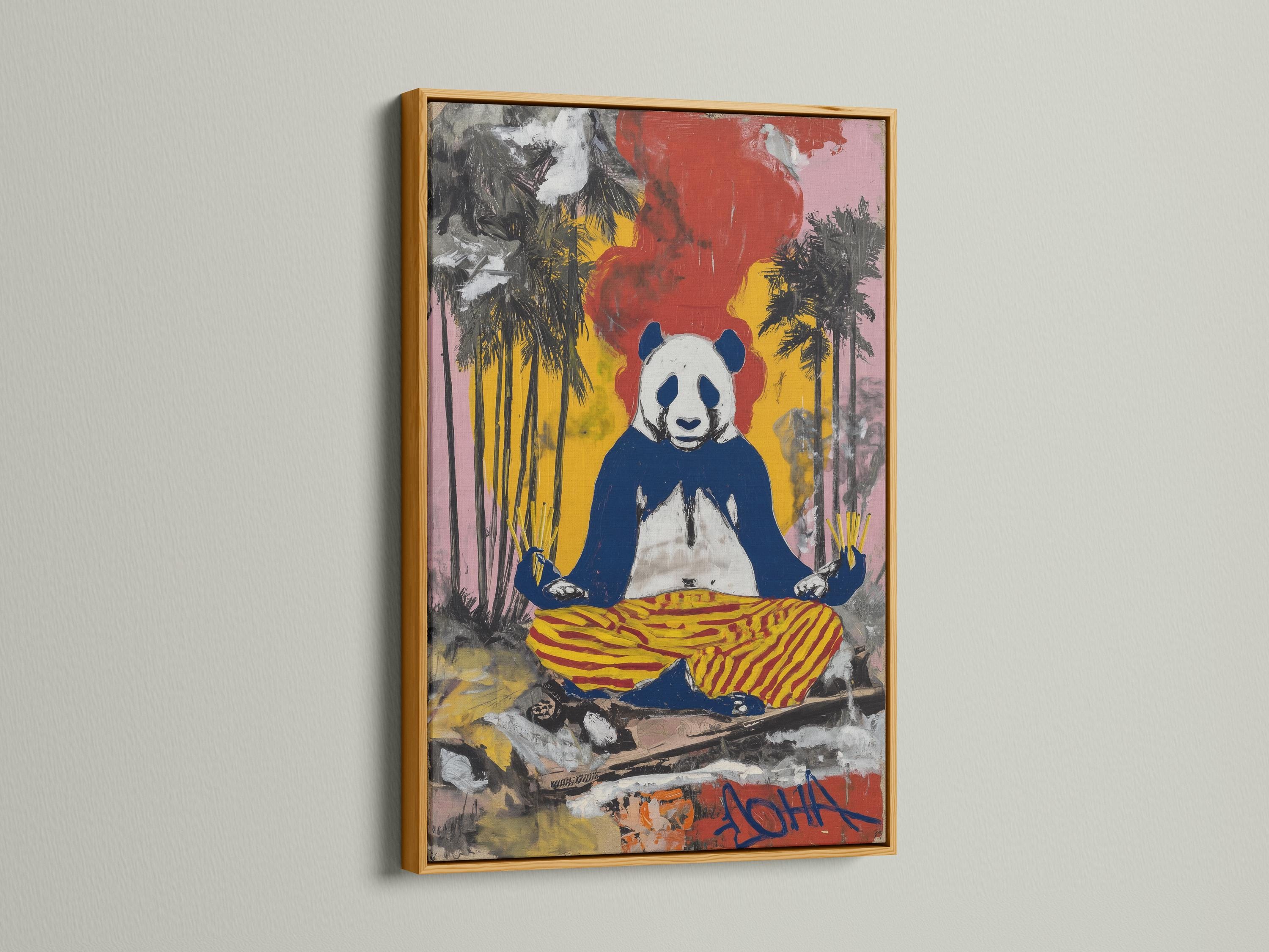 Portrait artwork featuring a seated panda with a yellow and red striped cushion and graffiti-style colours detail view