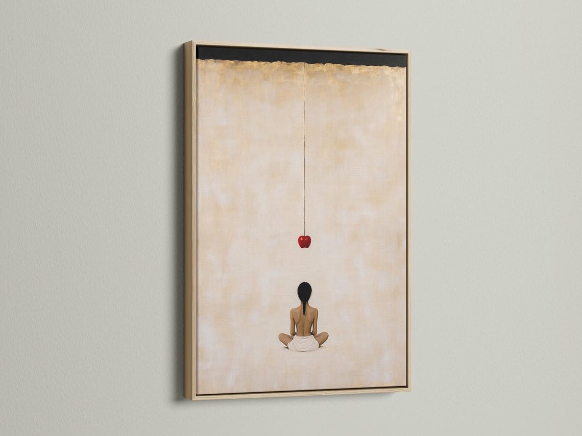 Minimalist meditating figure with a red apple on a warm beige background detail view