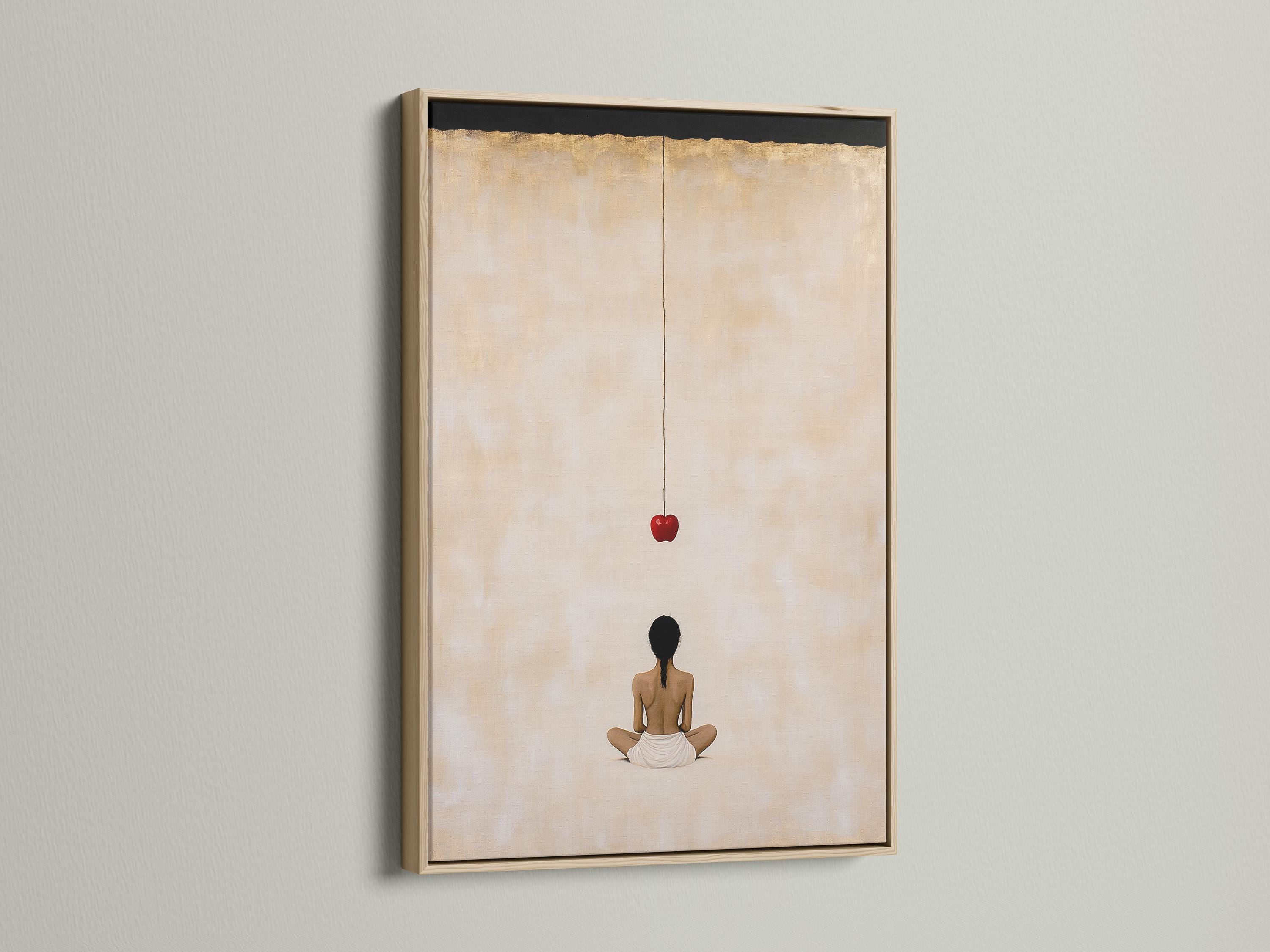 Minimalist meditating figure with a red apple on a warm beige background detail view