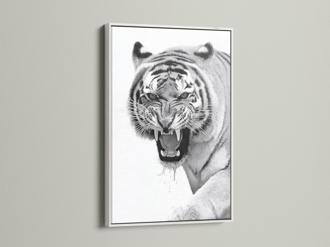 Framed monochrome tiger portrait mockup on a light background with additional display props