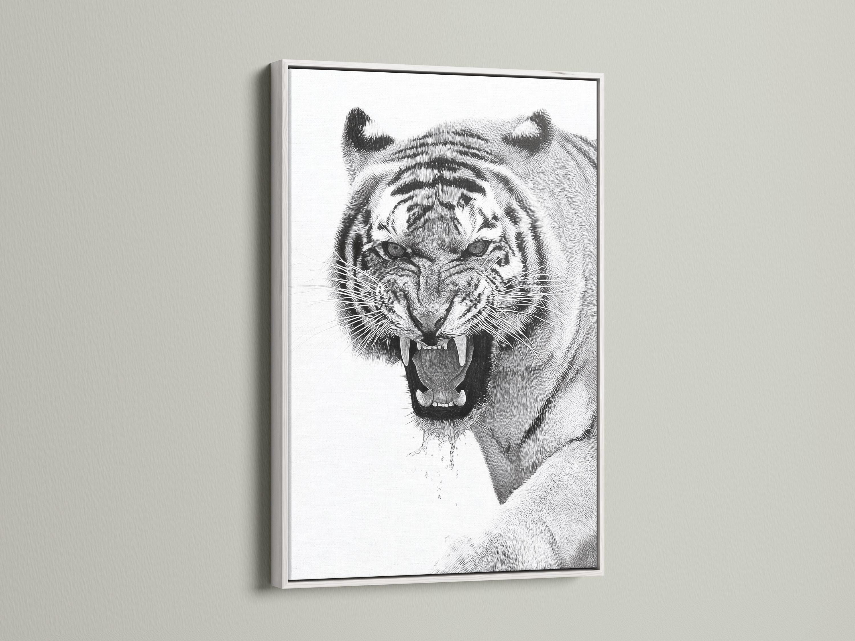 Framed monochrome tiger portrait mockup on a light background with additional display props