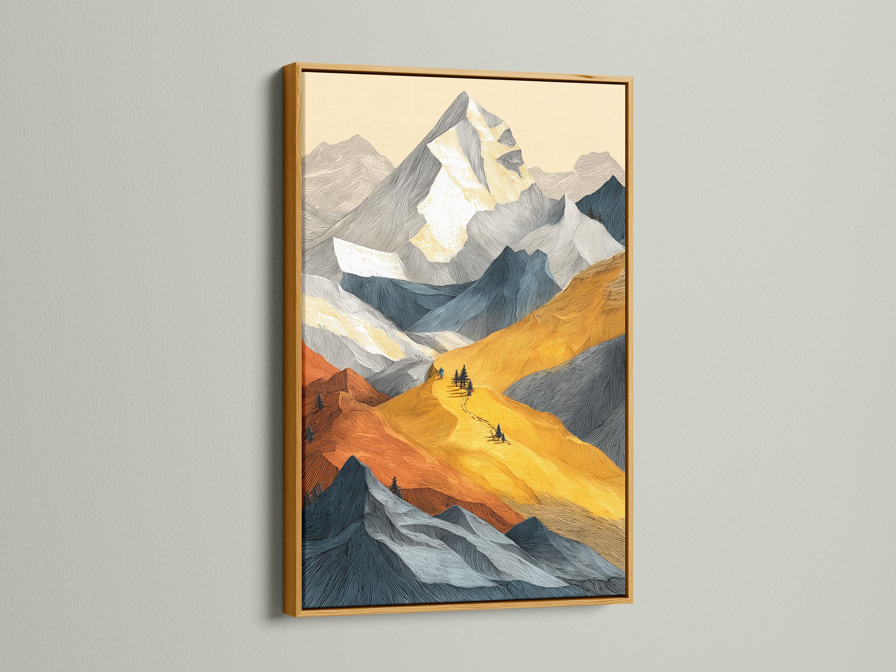 Textured mountain landscape with warm gold and burnt orange slopes and cool blue-grey peaks detail view