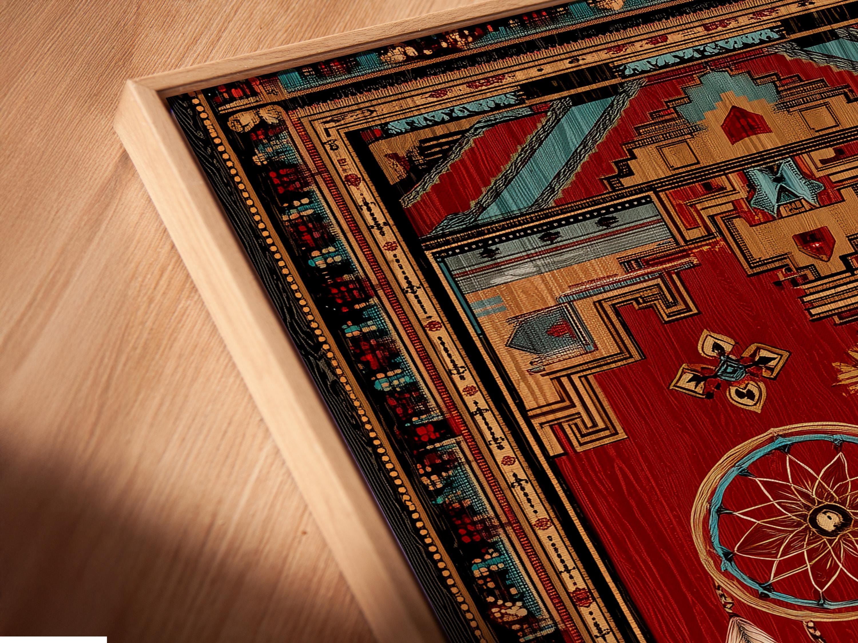 Dreamcatcher wall art with red background, teal circular webs, hanging feathers and geometric border detail view