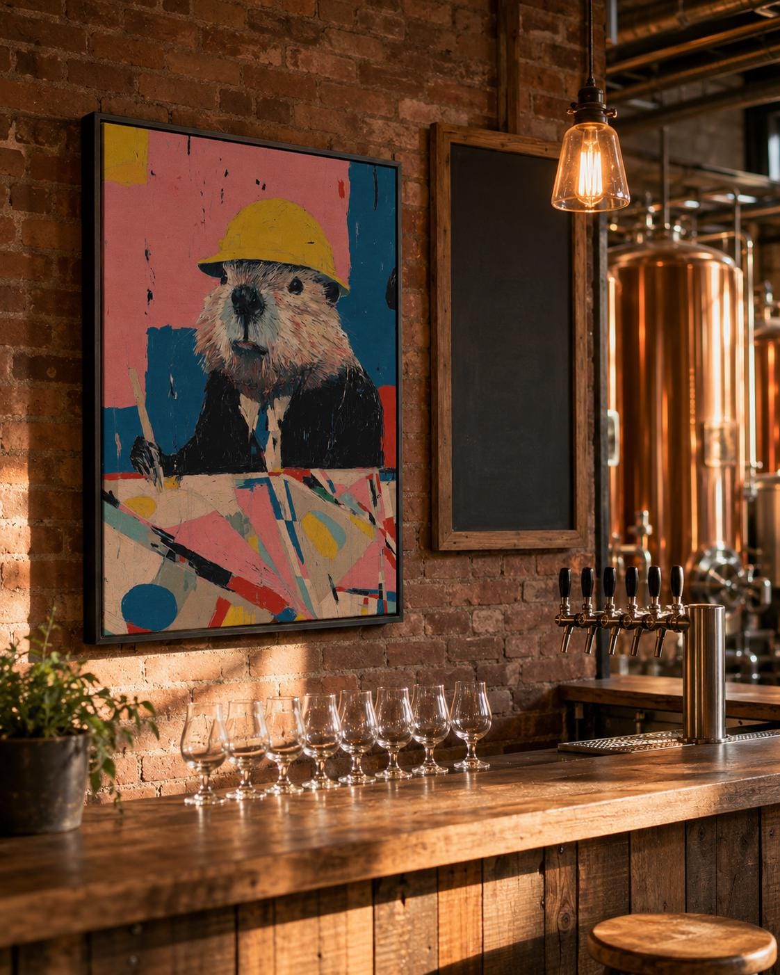 A person near a table installing a framed artwork featuring a beaver with a yellow hard hat