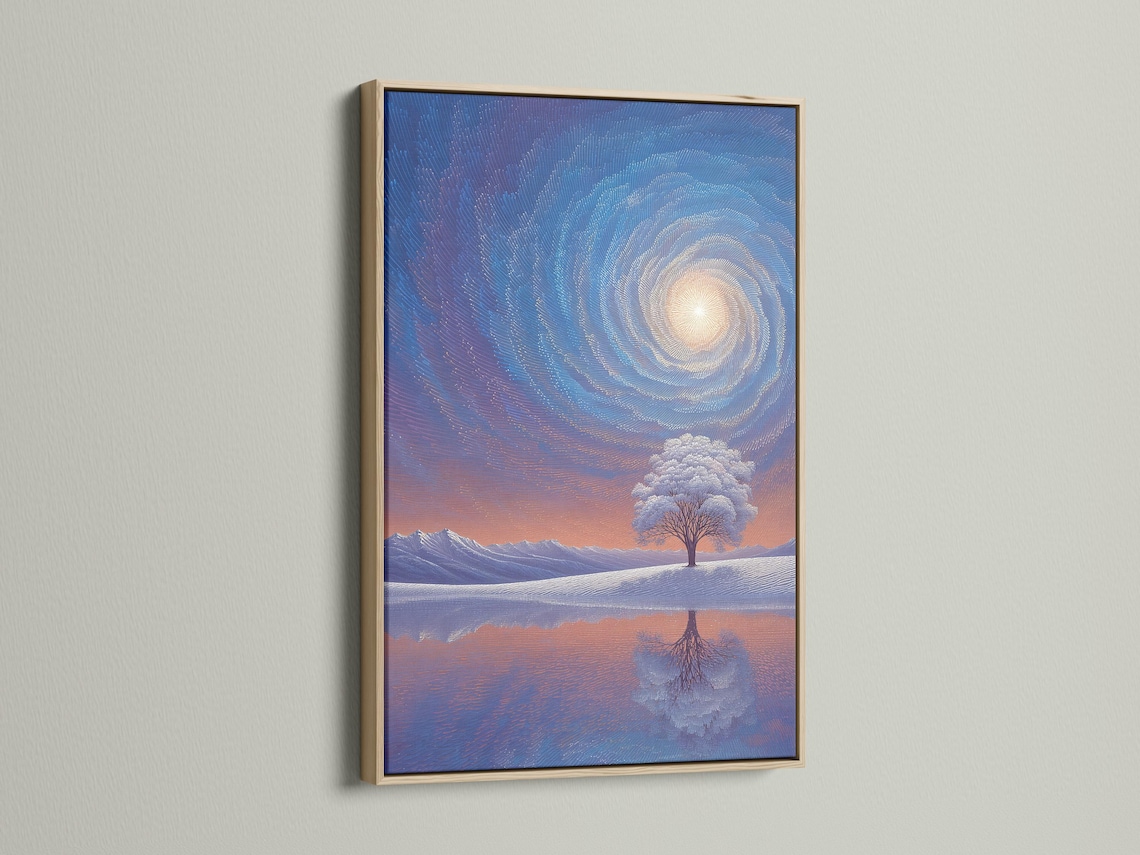 Winter landscape with a lone tree, snowy ground, mountains, and a swirling blue sky with a glowing circle detail view